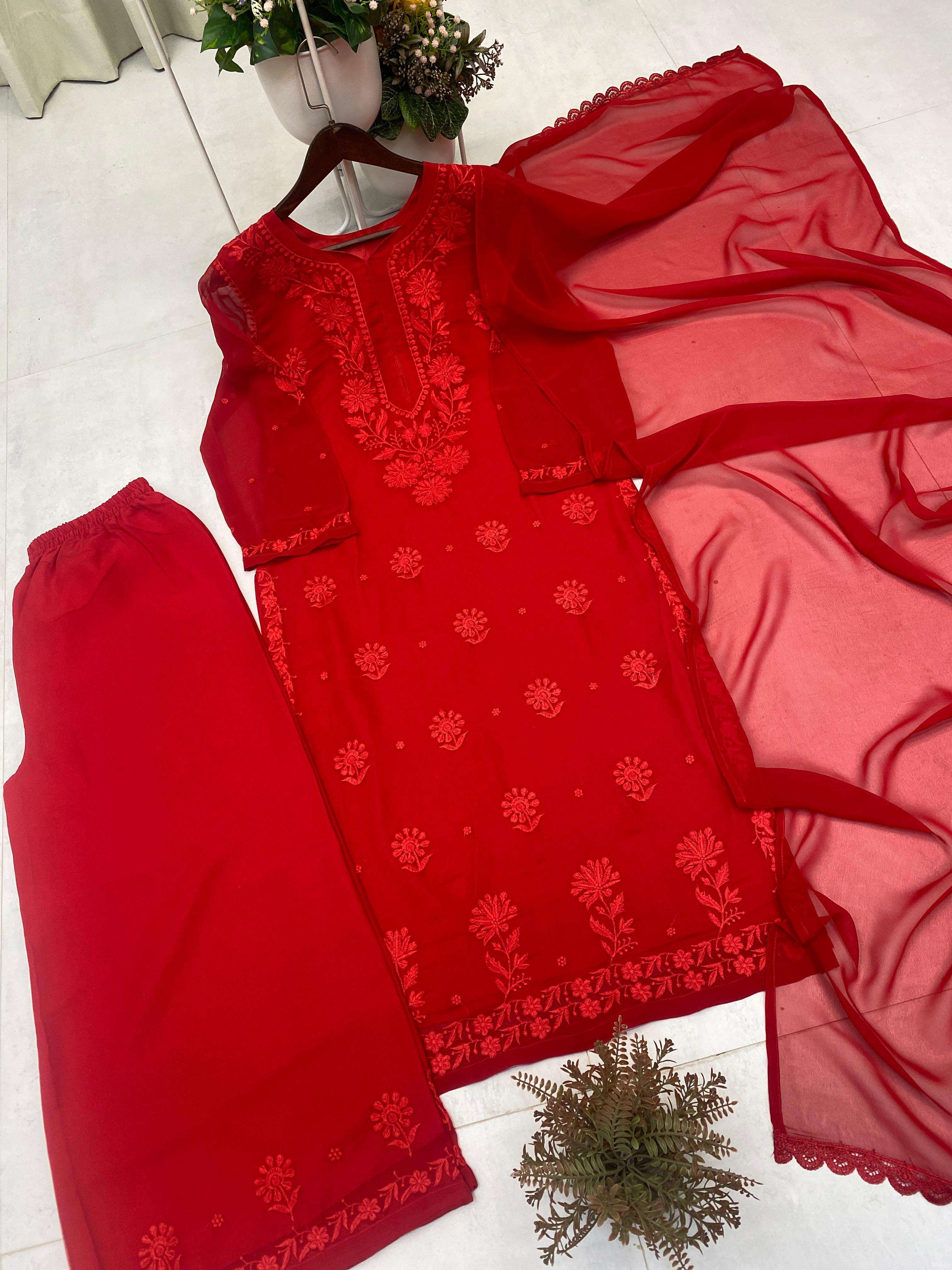 BE 394 GEORGETTE WITH PREETY LUCKNOWI STYLE DESIGNER WORK LADIES 3PCS SET 