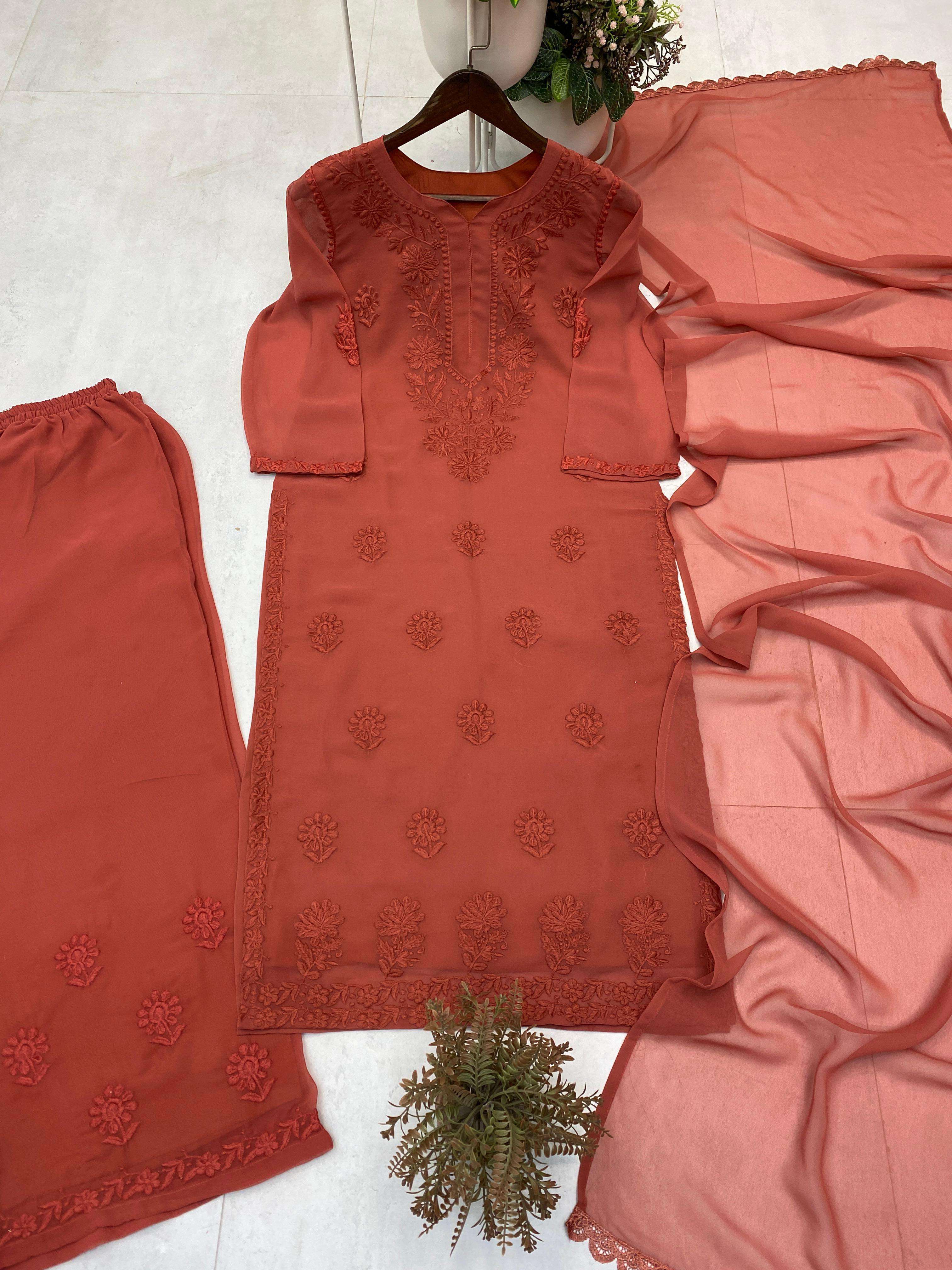 BE 394 GEORGETTE WITH PREETY LUCKNOWI STYLE DESIGNER WORK LADIES 3PCS SET 