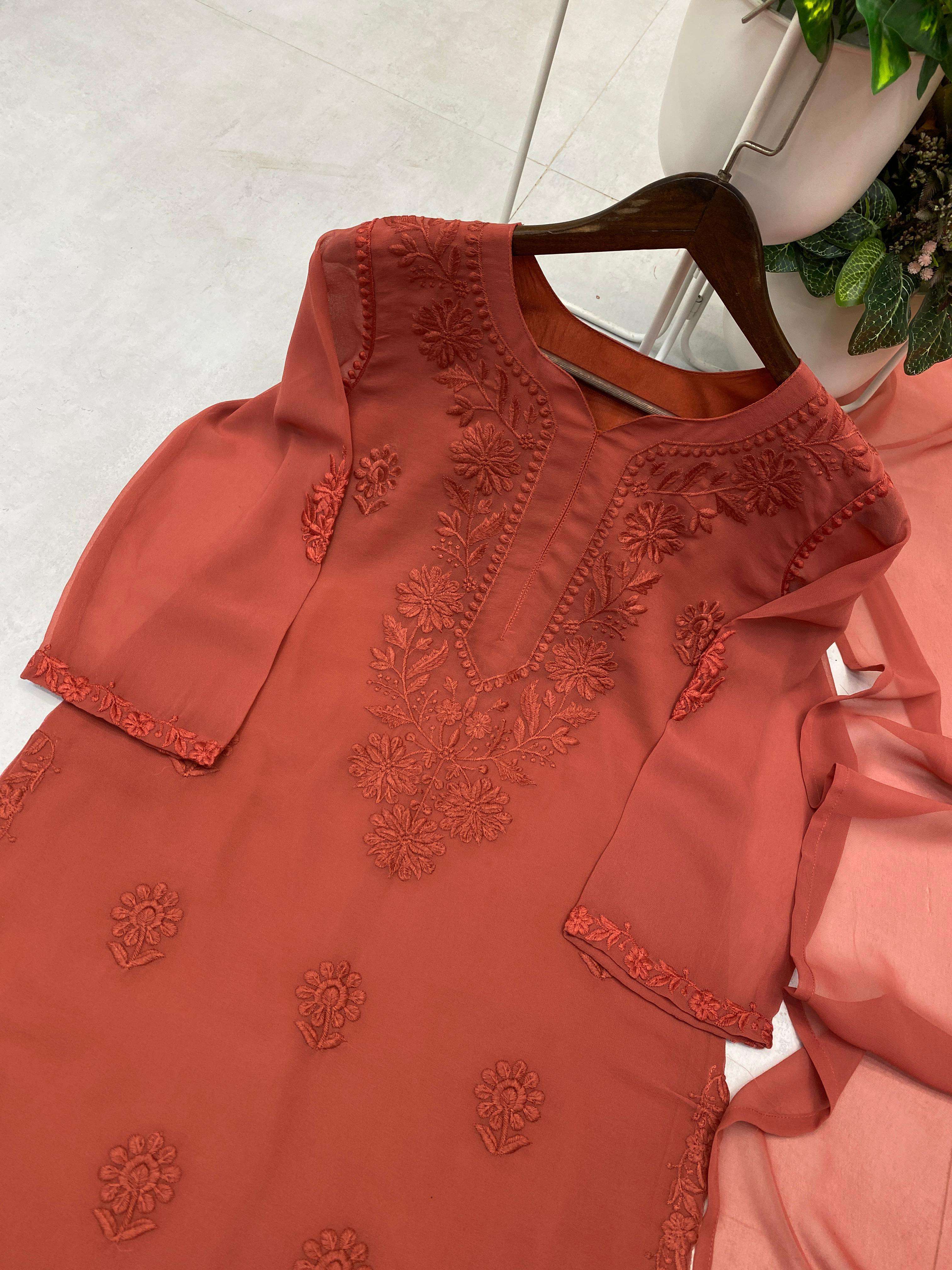 BE 394 GEORGETTE WITH PREETY LUCKNOWI STYLE DESIGNER WORK LADIES 3PCS SET 