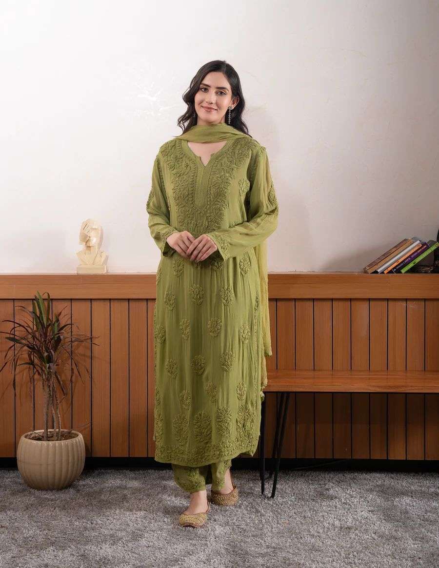 BE 394 GEORGETTE WITH PREETY LUCKNOWI STYLE DESIGNER WORK LADIES 3PCS SET 