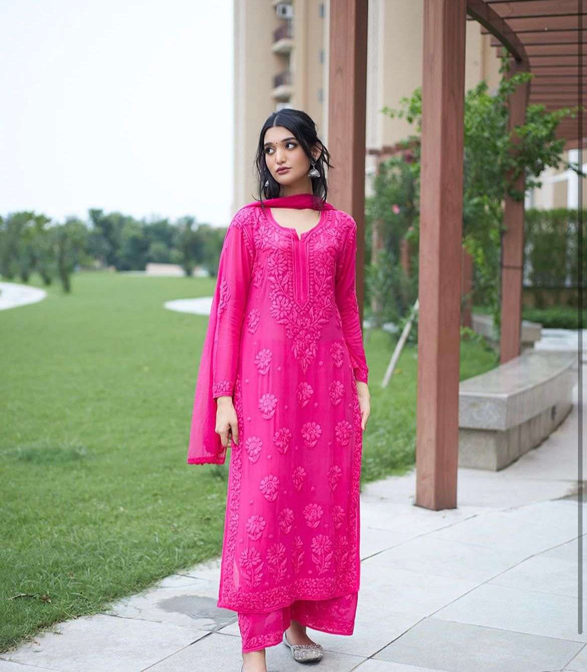 BE 394 GEORGETTE WITH PREETY LUCKNOWI STYLE DESIGNER WORK LADIES 3PCS SET 