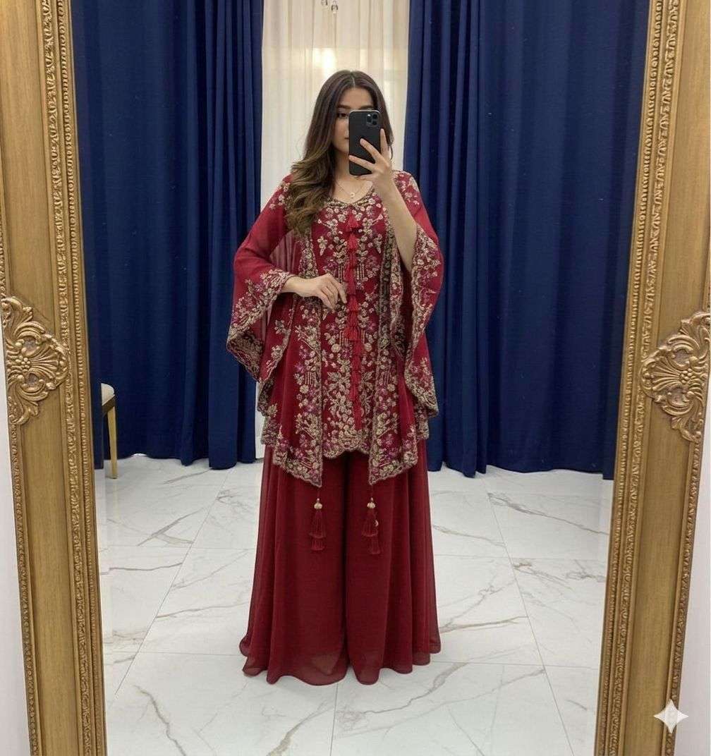 BE 406 GEORGETTE DESIGNER WEAR KURTA PLAZZO WITH SHRUGE COLLECTION 