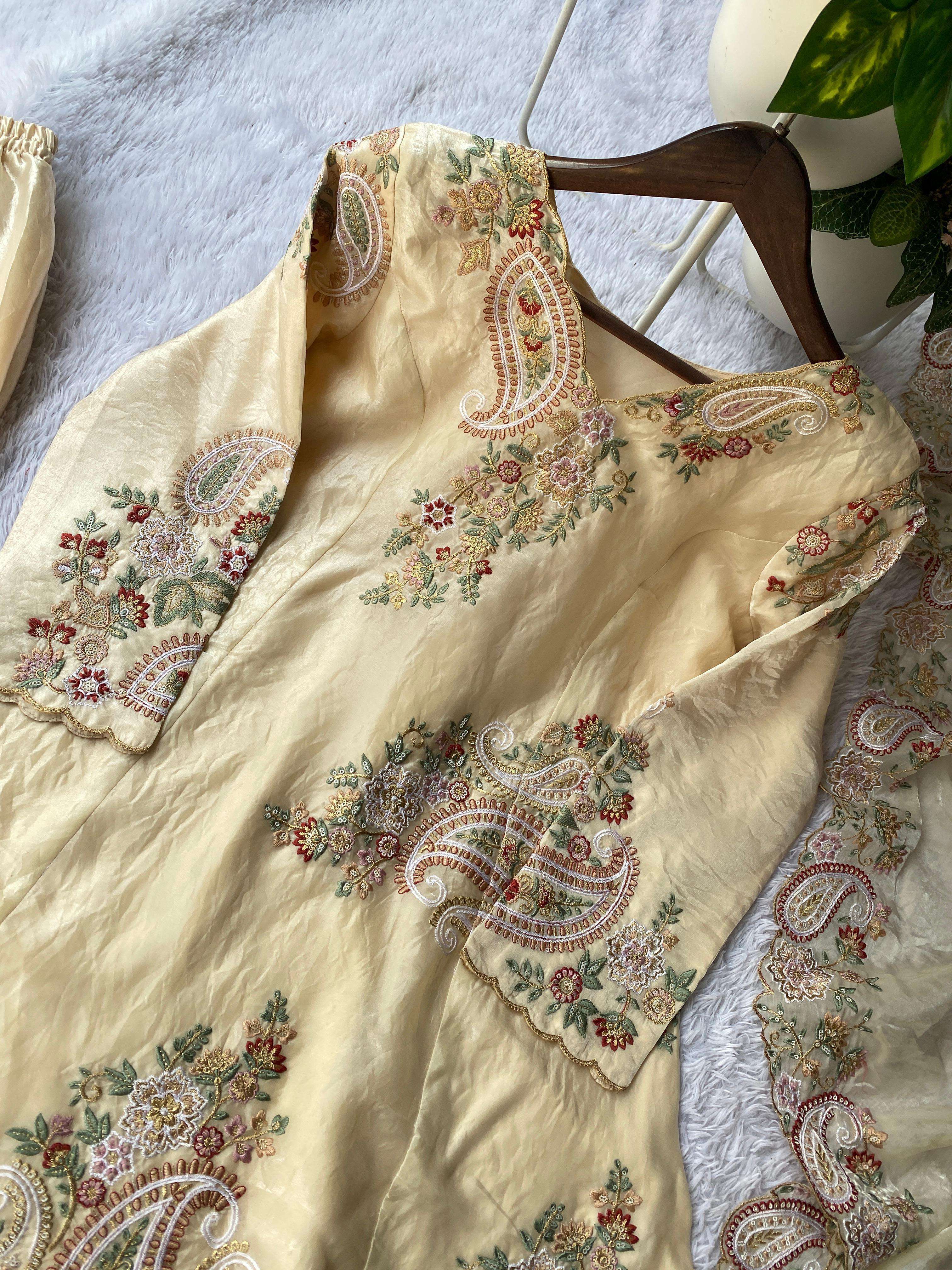 BE 449 SILK HEAVY DESIGNER WORK TOP PLAZZO AND DUPATTA SET