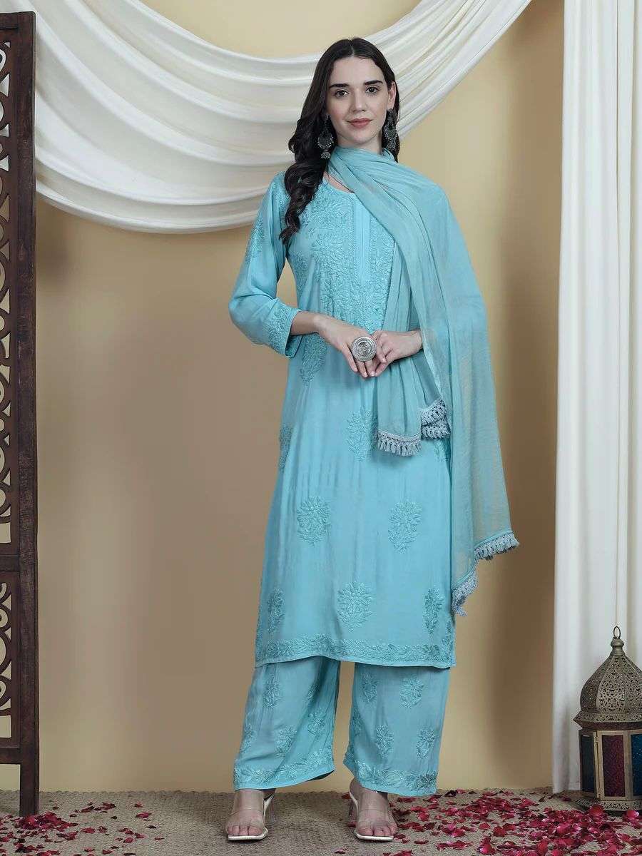 BE 458 RAYON FANCY CHIKANKARI WORK LADIES SUIT