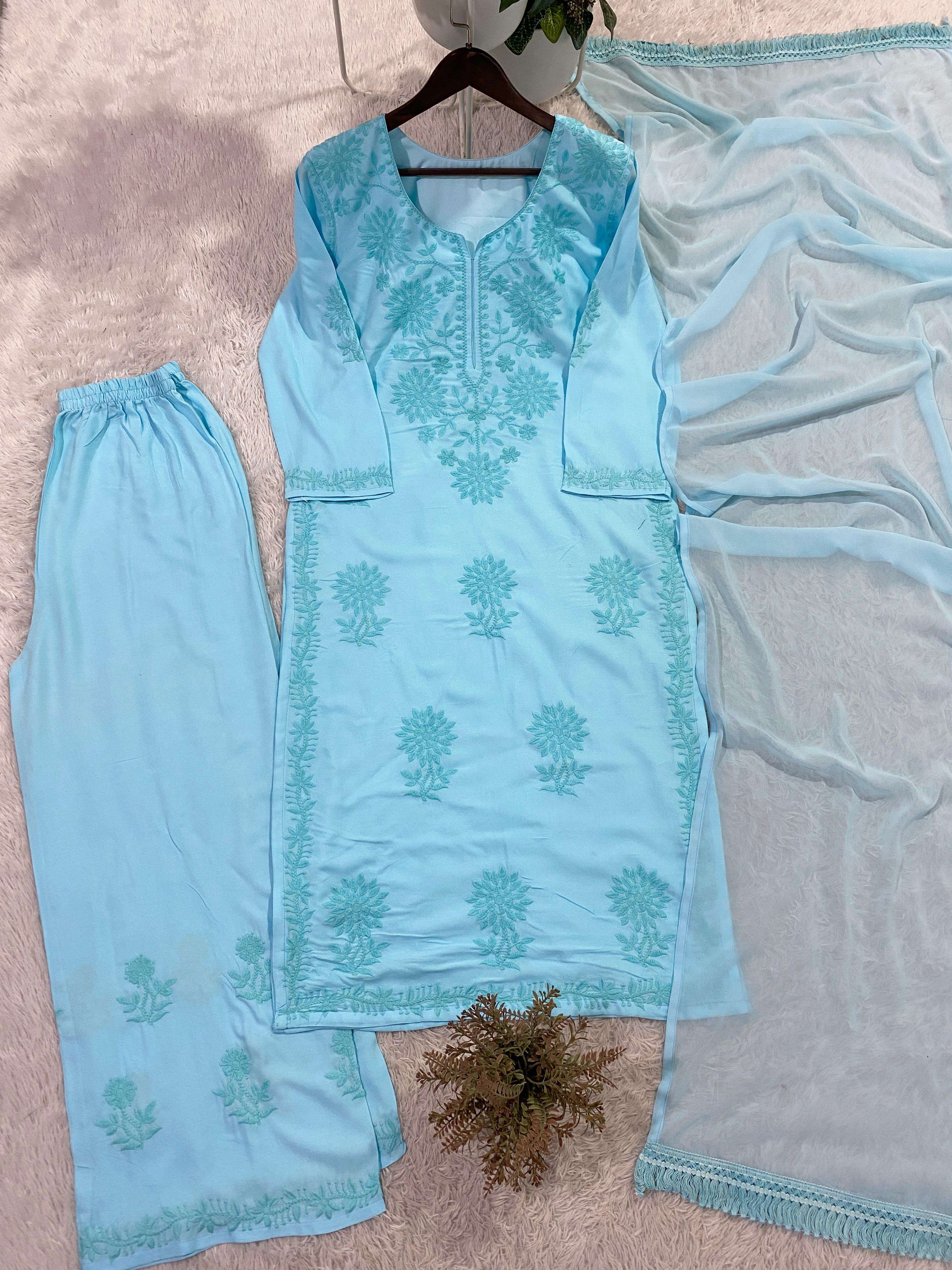 BE 458 RAYON FANCY CHIKANKARI WORK LADIES SUIT