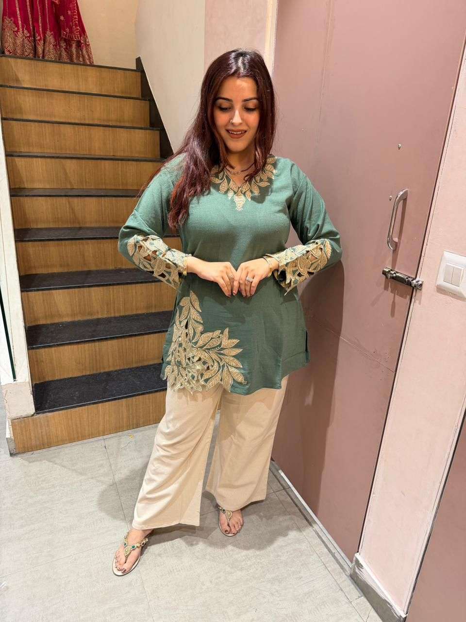 BE 461 COTTON FANCY EMBROIDERY WORK LADIES TOP WITH PANT PAIR 