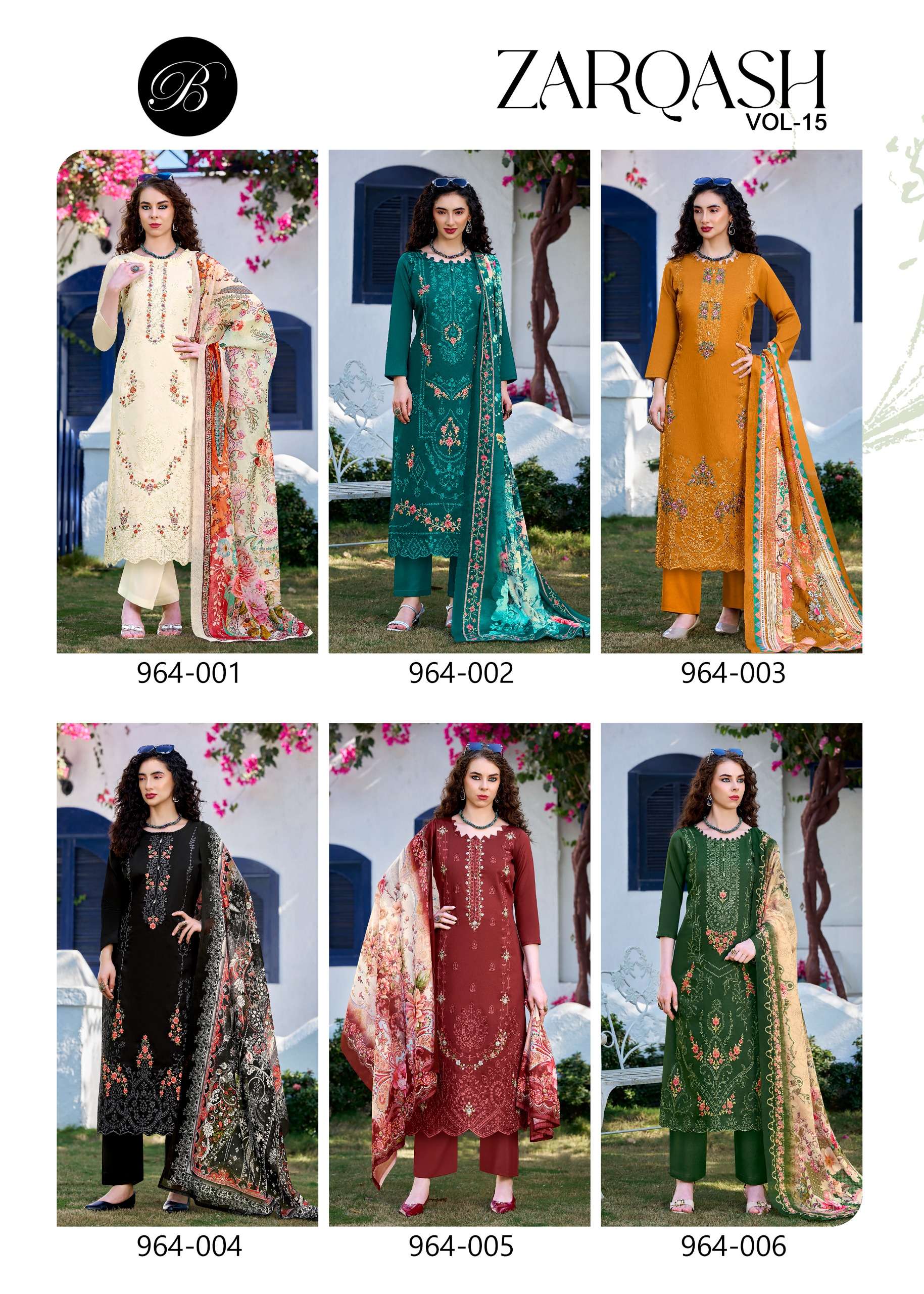 BELLIZA DESIGNER STUDIO ZARQASH VOL 15 JAM COTTON FANCY EMBROIDERY WORK SUITS 