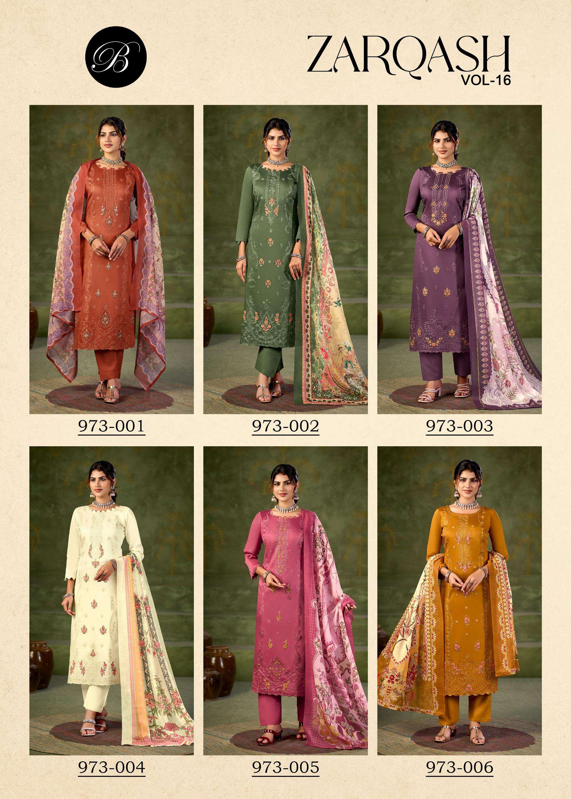 BELLIZA DESIGNER STUDIO ZARQASH VOL 16 JAM COTTON FANCY EMBROIDERY WORK SUITS	