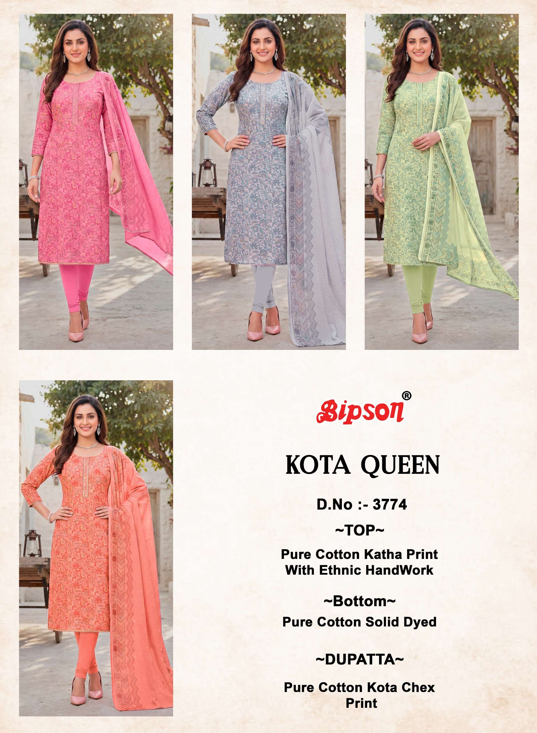 BIPSON PRINTS KOTA QUEEN 3774 COTTON PRINT WITH HAND WORK SUIT