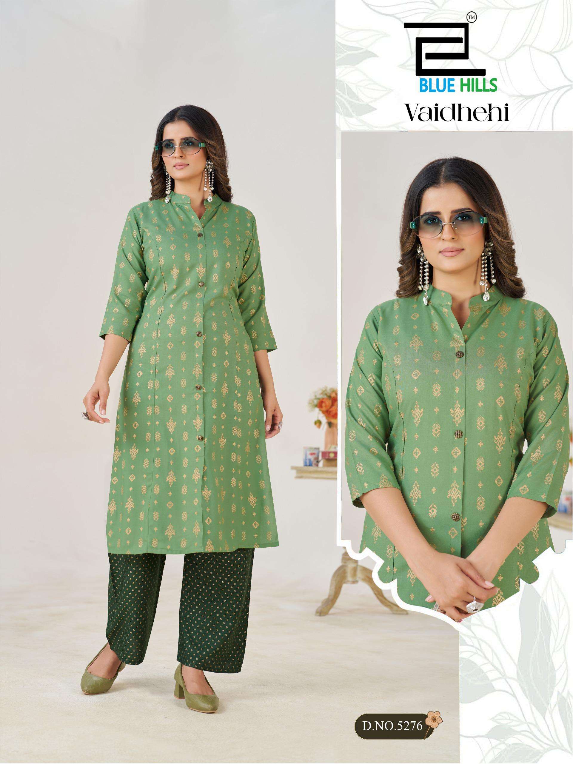 BLUE HILLS VAIDHEHI RAYON FOIL PRINT PRINCESS CUT STYLE KURTI WITH BOTTOM PAIR 