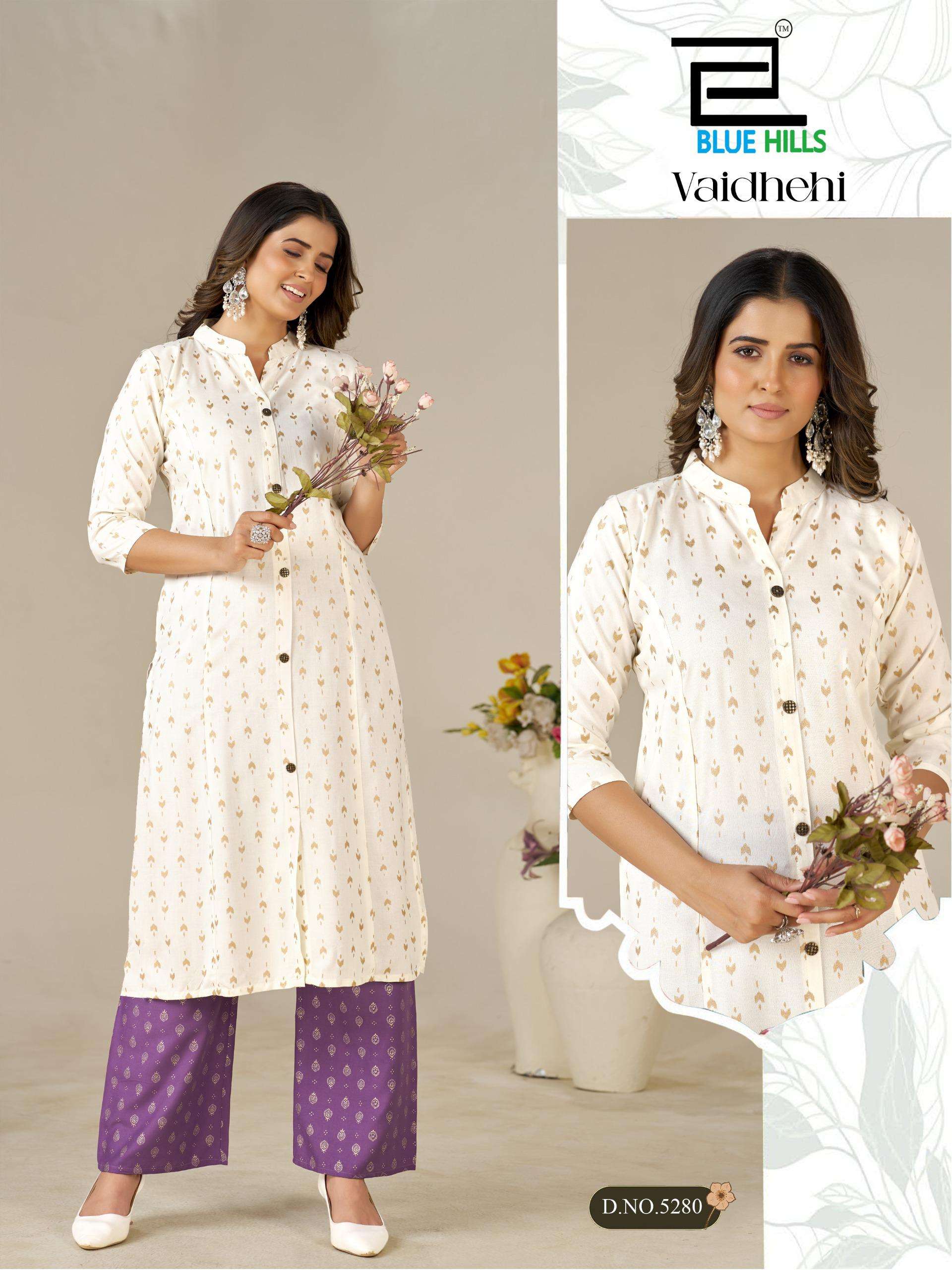 BLUE HILLS VAIDHEHI RAYON FOIL PRINT PRINCESS CUT STYLE KURTI WITH BOTTOM PAIR 