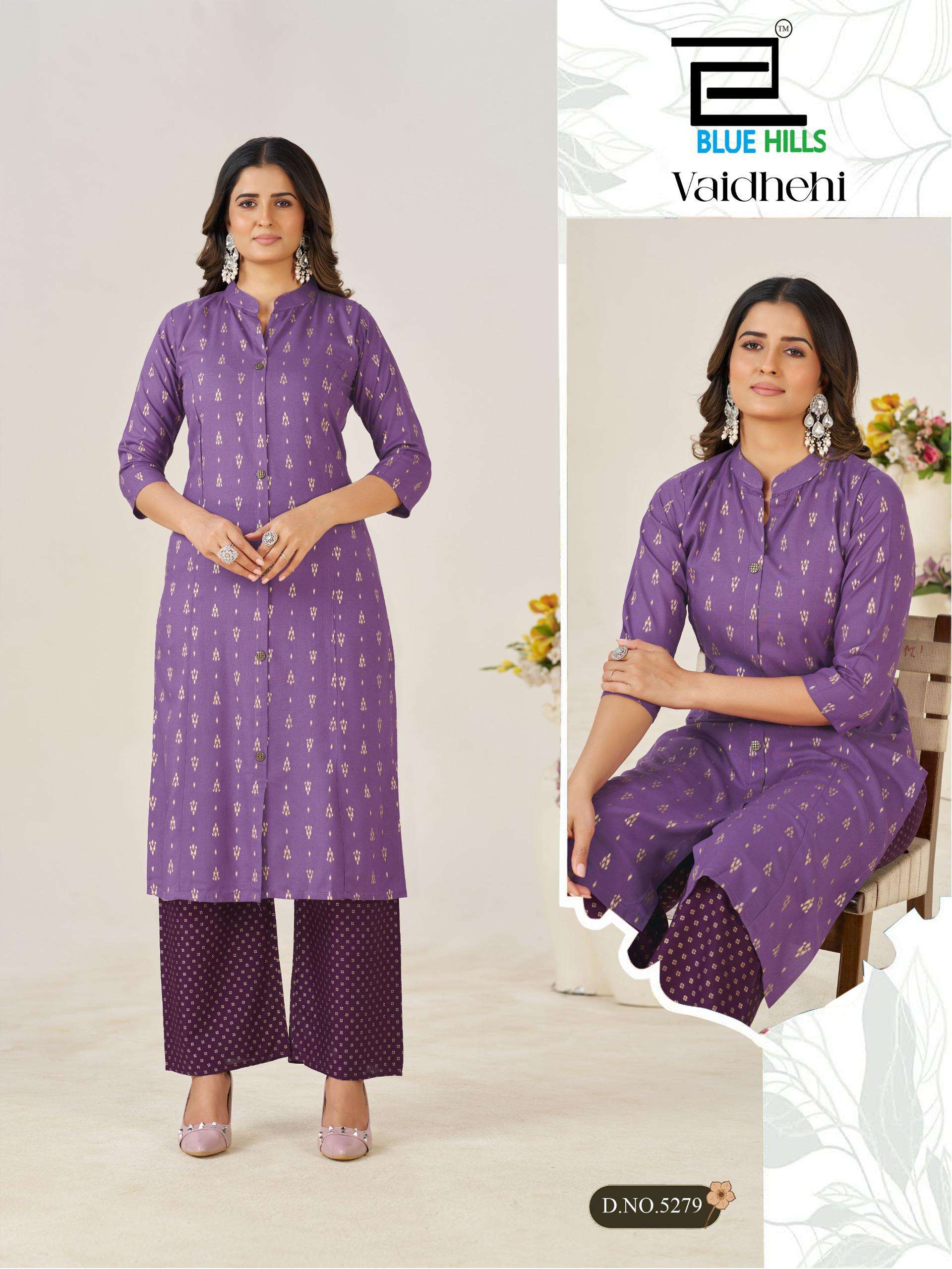 BLUE HILLS VAIDHEHI RAYON FOIL PRINT PRINCESS CUT STYLE KURTI WITH BOTTOM PAIR 