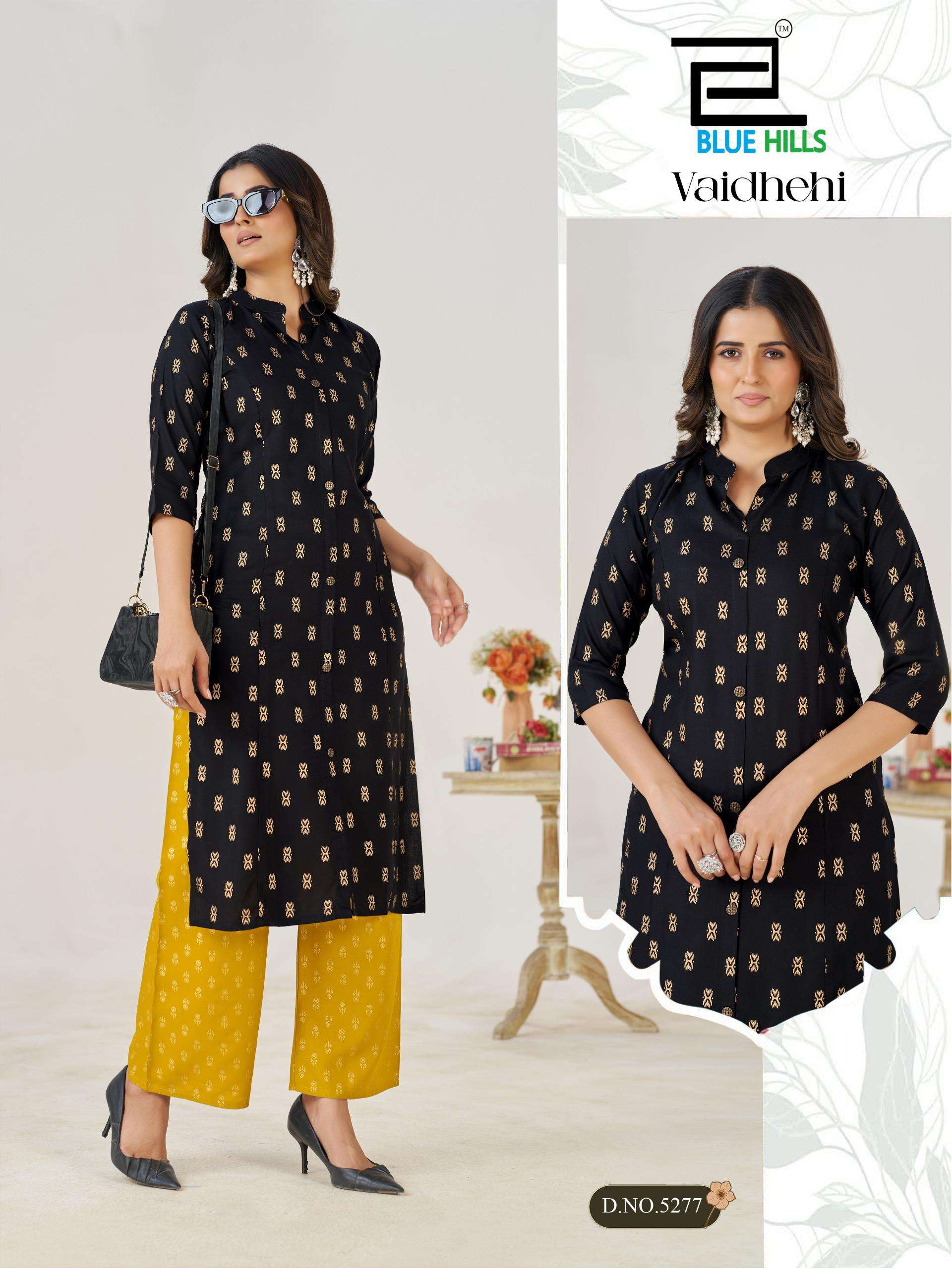 BLUE HILLS VAIDHEHI RAYON FOIL PRINT PRINCESS CUT STYLE KURTI WITH BOTTOM PAIR 