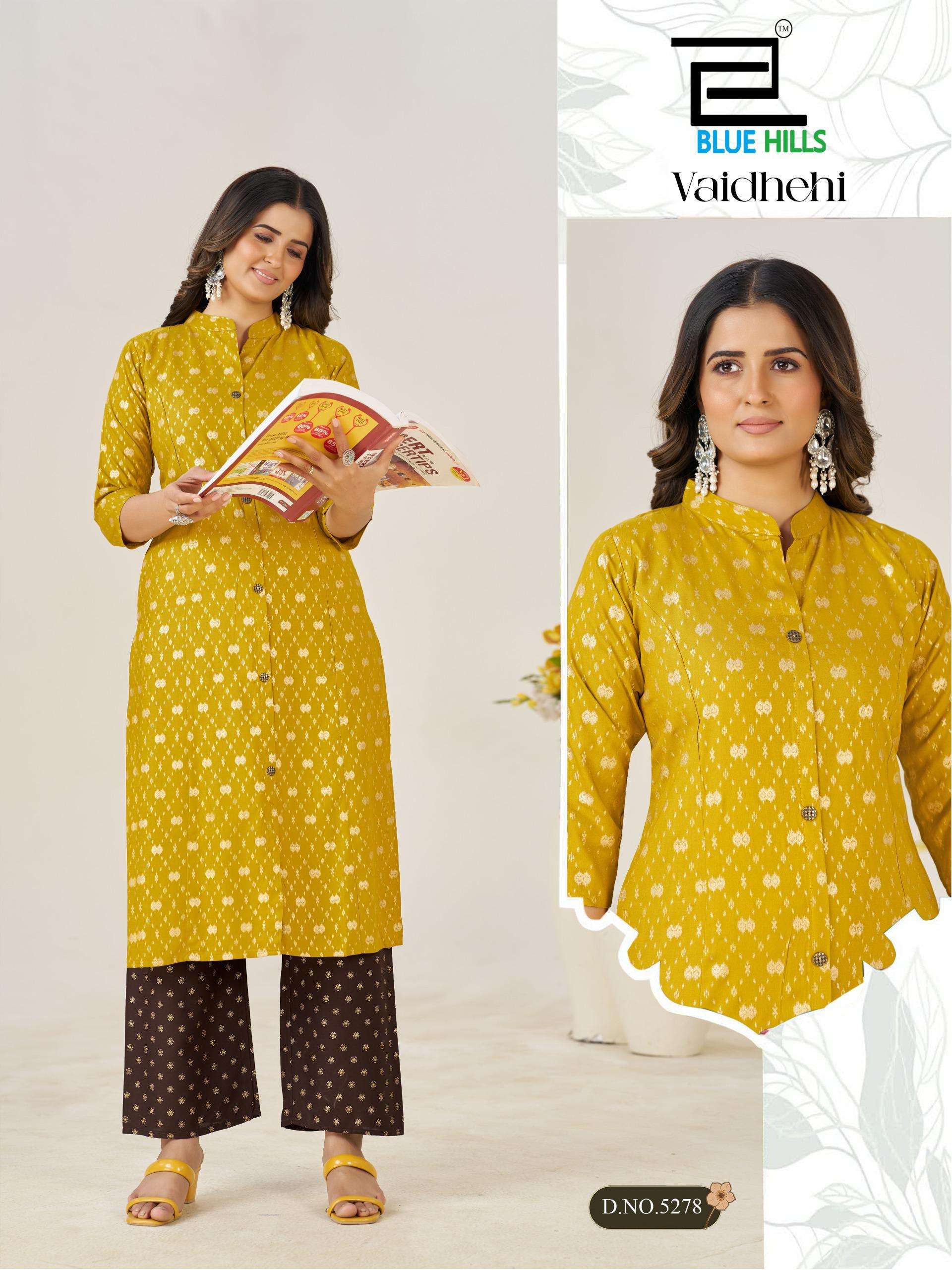 BLUE HILLS VAIDHEHI RAYON FOIL PRINT PRINCESS CUT STYLE KURTI WITH BOTTOM PAIR 