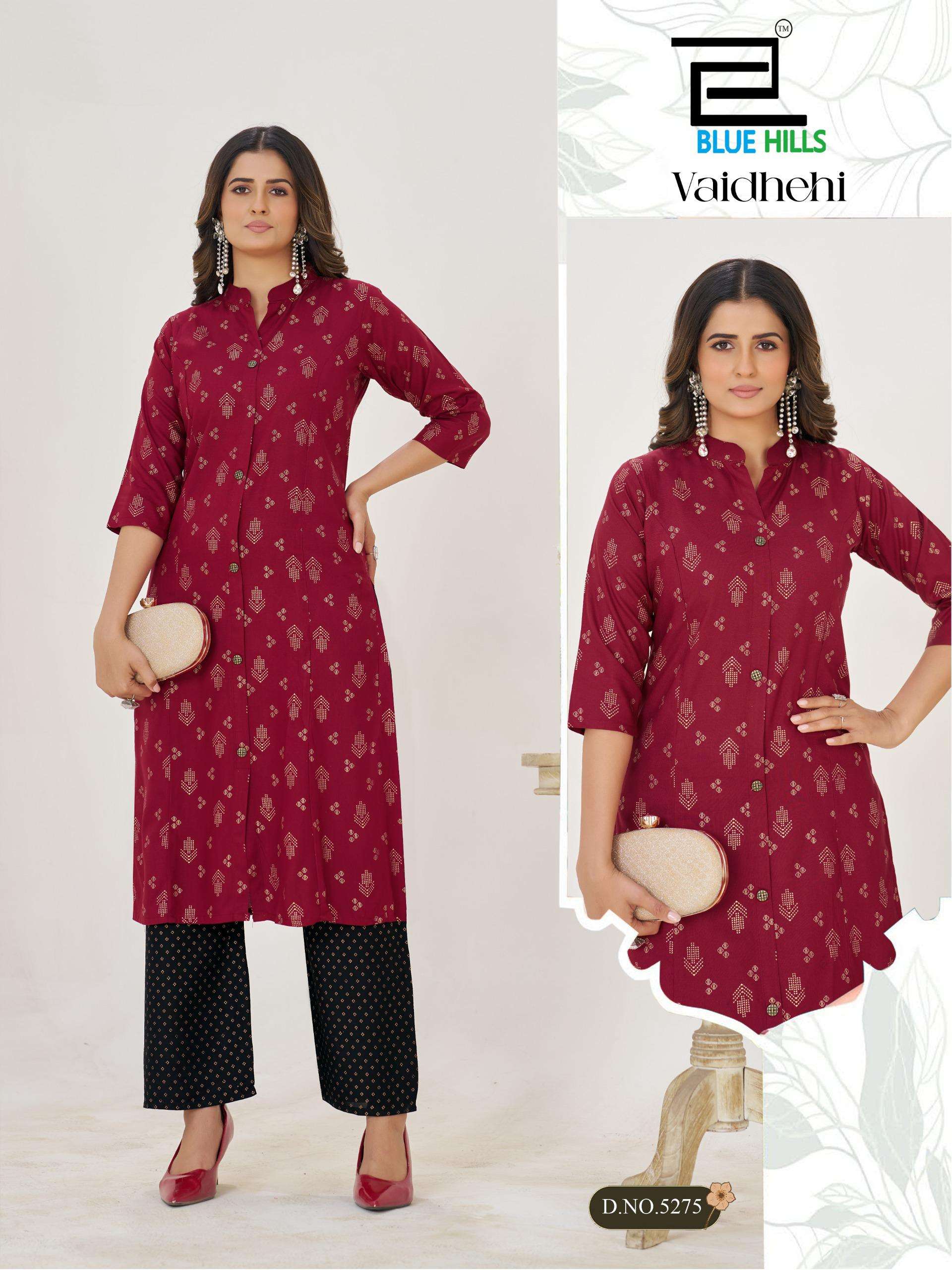 BLUE HILLS VAIDHEHI RAYON FOIL PRINT PRINCESS CUT STYLE KURTI WITH BOTTOM PAIR 