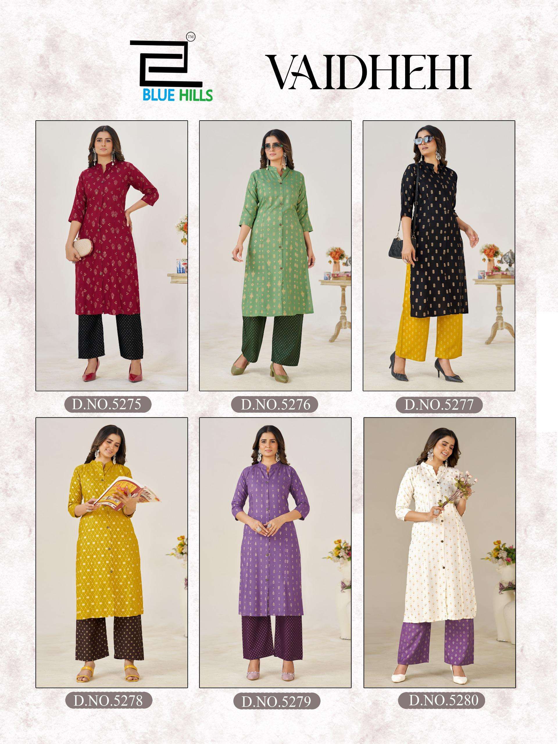 BLUE HILLS VAIDHEHI RAYON FOIL PRINT PRINCESS CUT STYLE KURTI WITH BOTTOM PAIR 