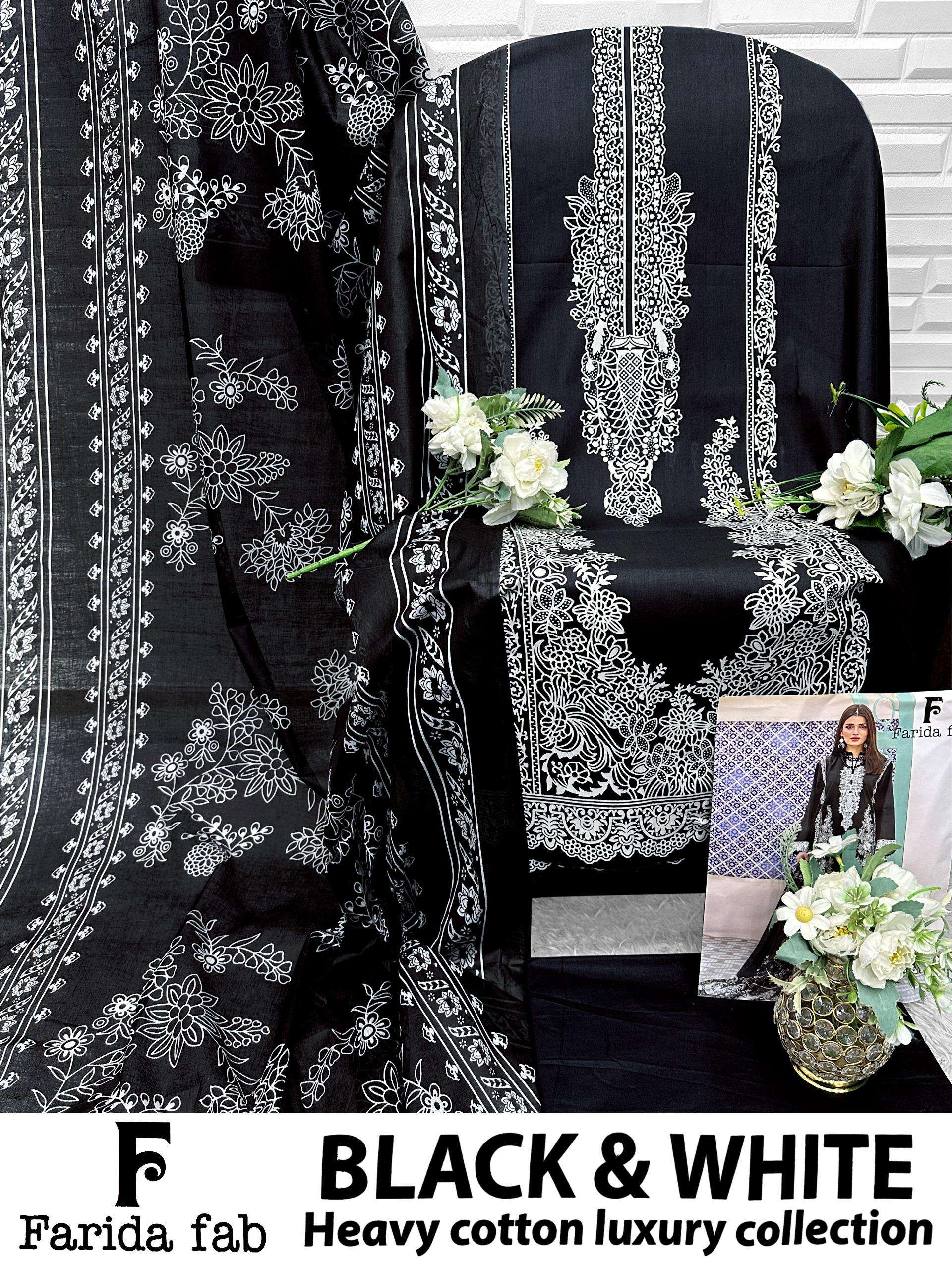 FARIDA FAB BLACK AND WHITE HEAVY LUXURY LAWN COLLECTION COTTON DIGITAL PRINTS SALWAR SUIT