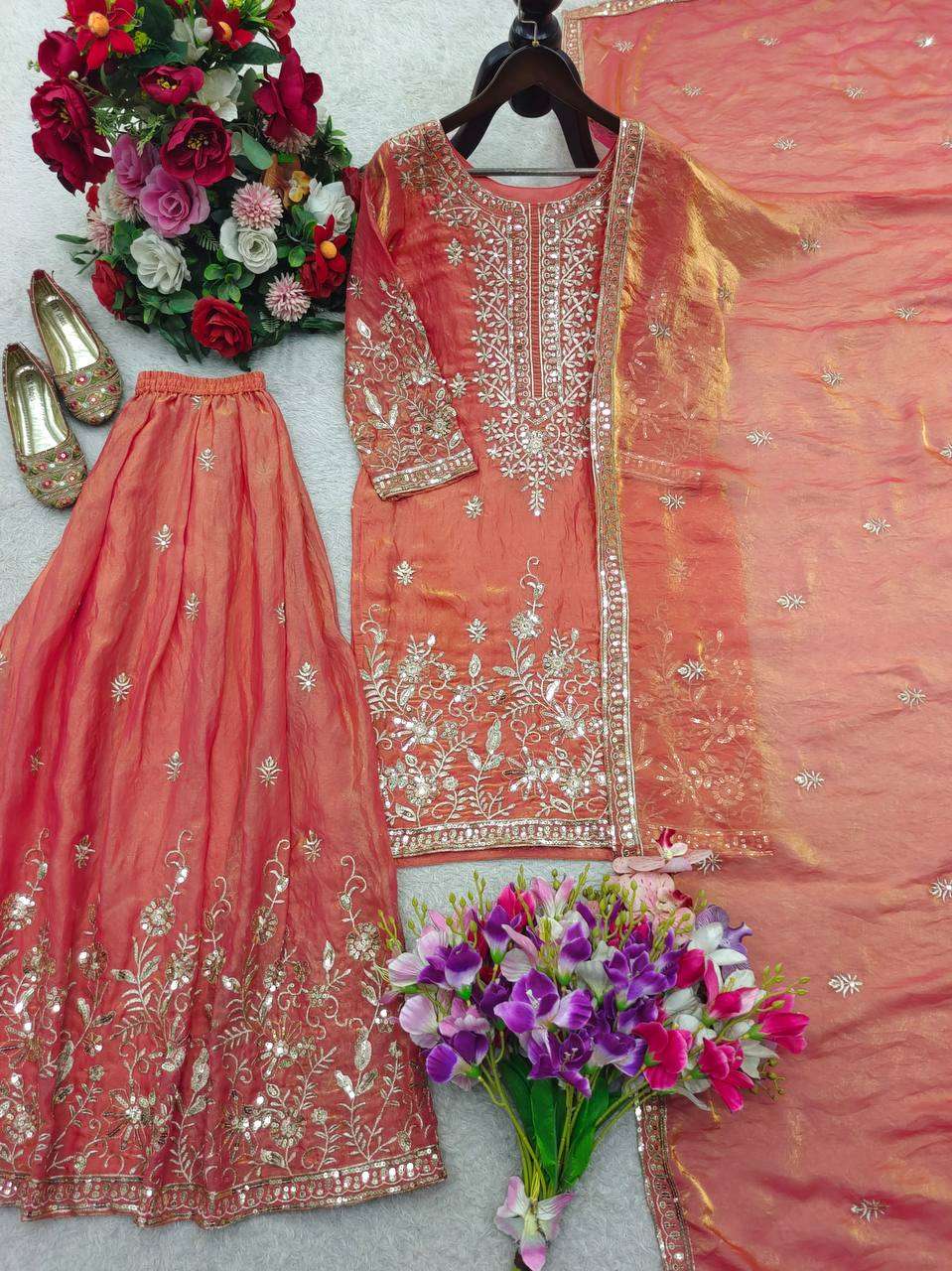 FD 8062 JIMMY CHOO SILK HEAVY EMBROIDERD DESIGNER WEDDING WEAR LADIES SUIT
