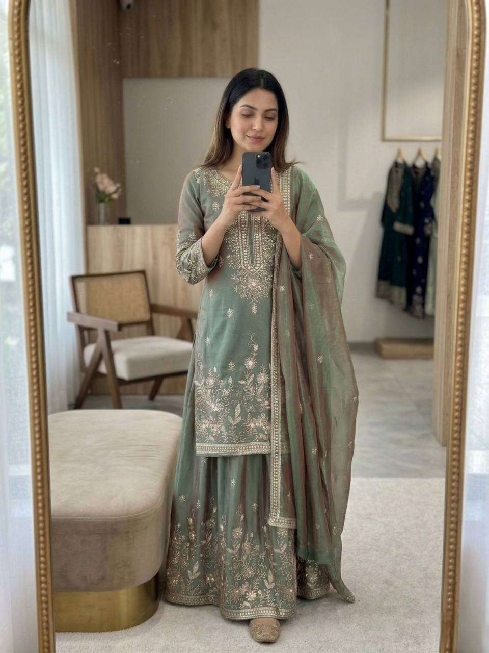 FD 8062 JIMMY CHOO SILK HEAVY EMBROIDERD DESIGNER WEDDING WEAR LADIES SUIT