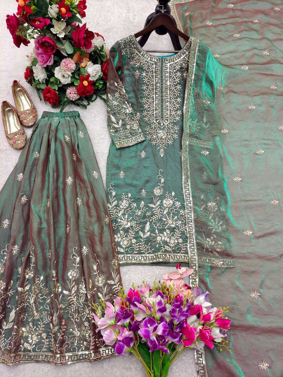 FD 8062 JIMMY CHOO SILK HEAVY EMBROIDERD DESIGNER WEDDING WEAR LADIES SUIT