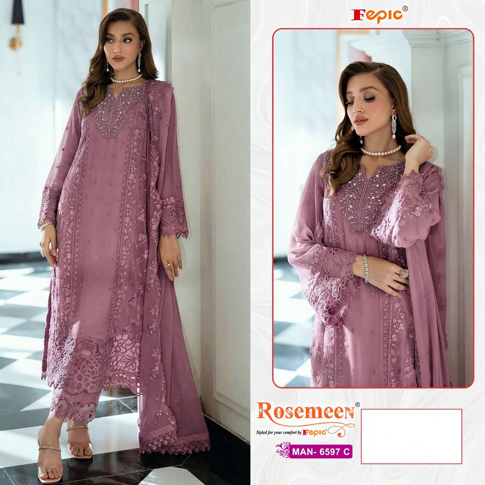 FEPIC ROSEMEEN MAN 6597 CHIFFON HEAVY EMBROIDERED DESIGNER PAKISTANI SUIT