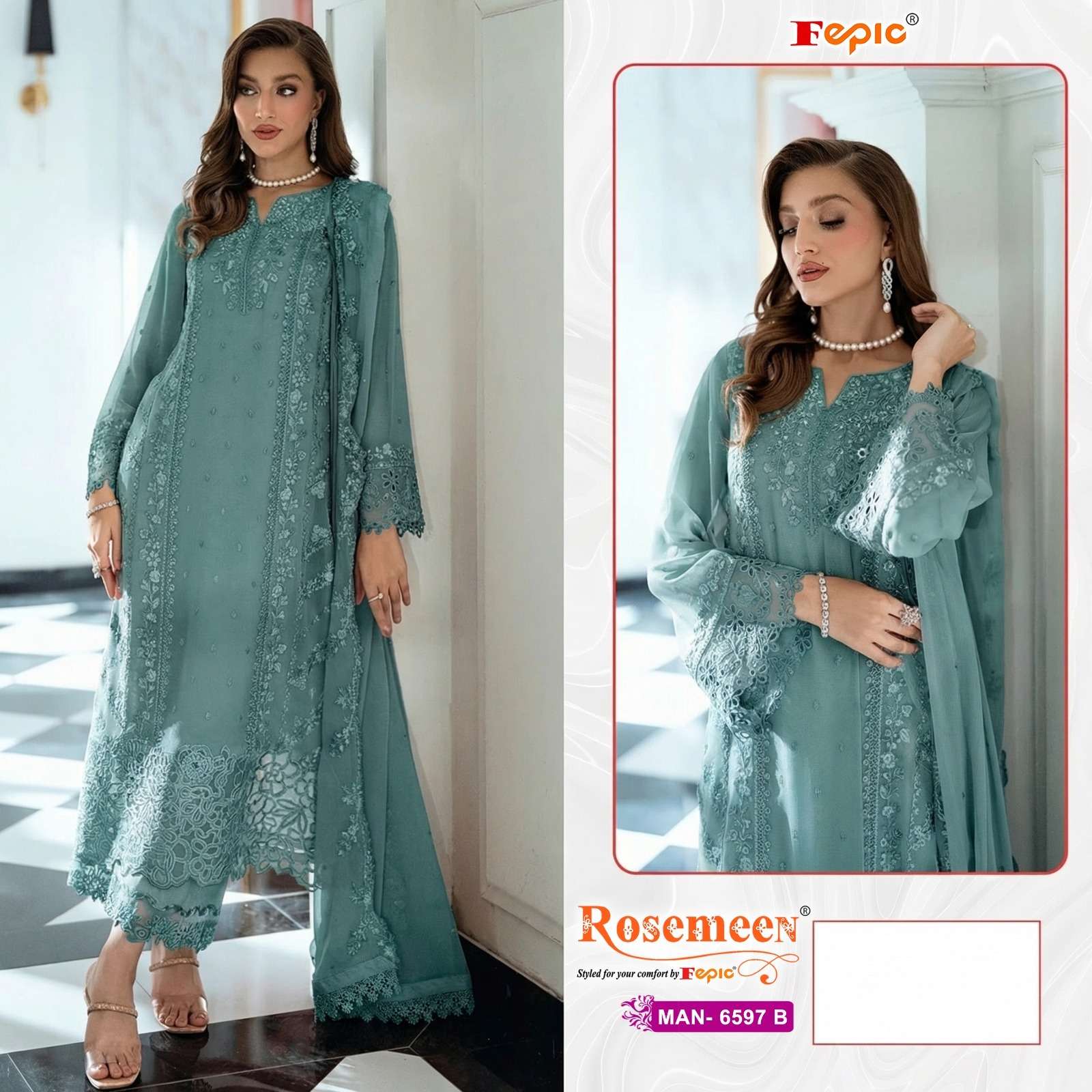 FEPIC ROSEMEEN MAN 6597 CHIFFON HEAVY EMBROIDERED DESIGNER PAKISTANI SUIT