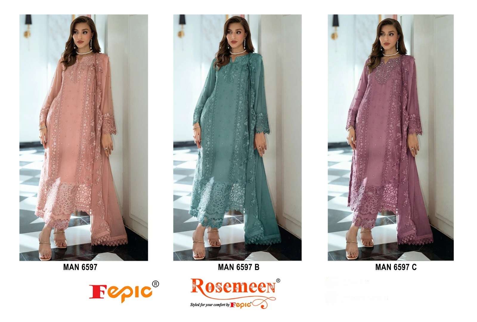 FEPIC ROSEMEEN MAN 6597 CHIFFON HEAVY EMBROIDERED DESIGNER PAKISTANI SUIT
