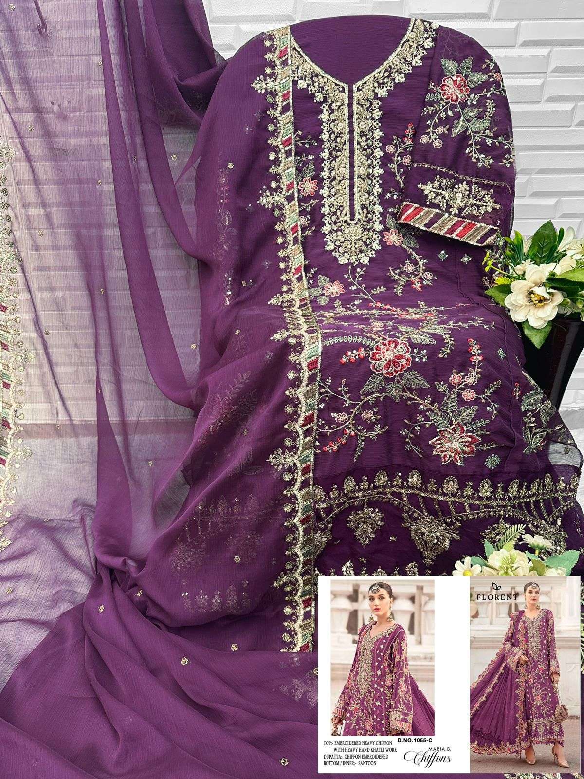FLORENT D NO 1055 CHIFFON HEAVY EMBROIDERED DESIGNER PAKISTANI SUIT