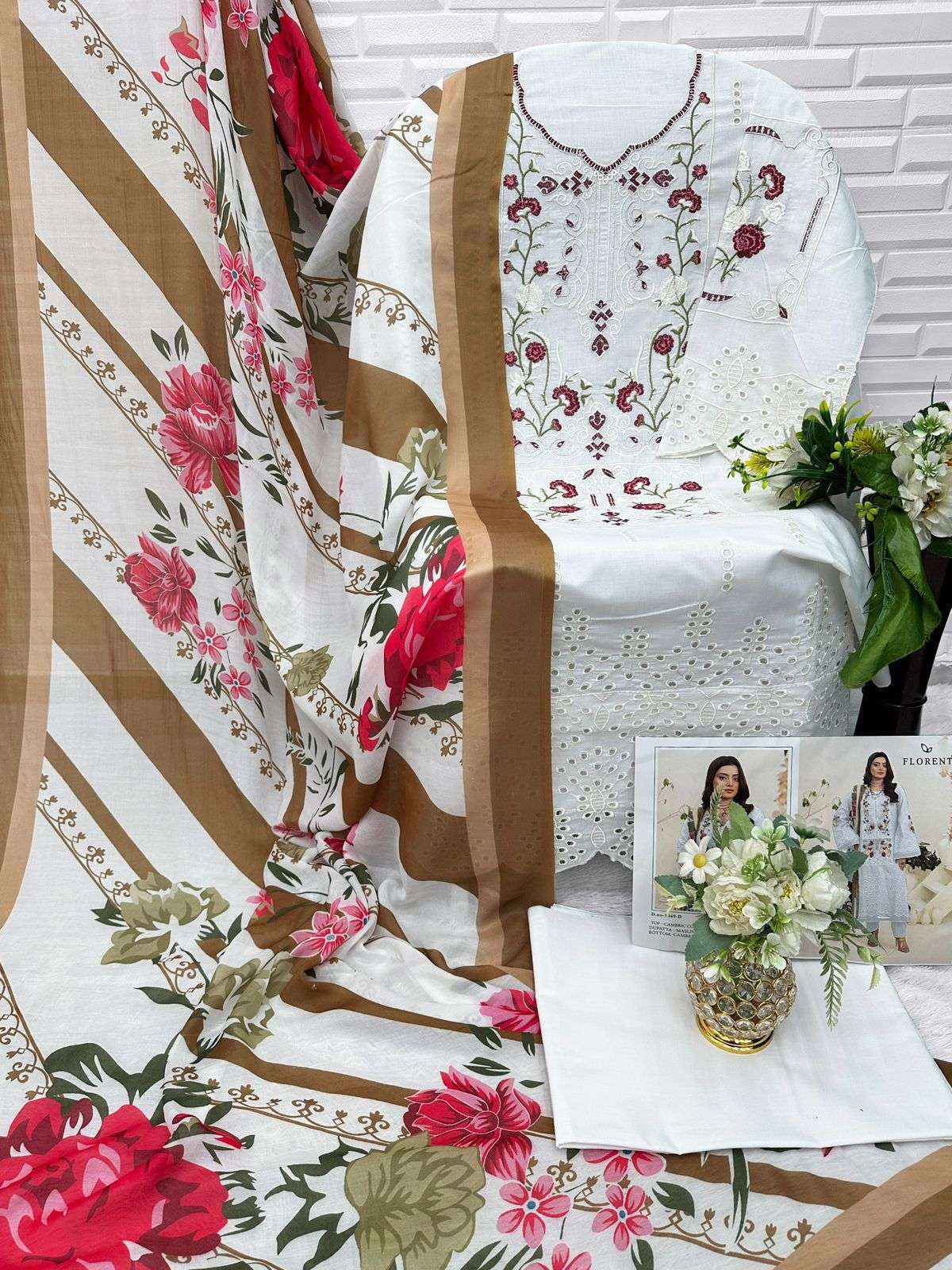 FLORENT TM DESIGN NO - 1049 ABCD CAMBRIC COTTON HEAVY CHIKANKARI EMBROIDERED WORK PAKISTANI SALWAR SUIT