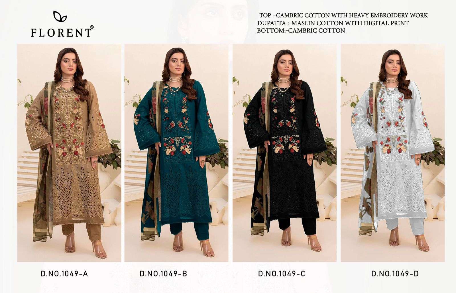 FLORENT TM DESIGN NO - 1049 ABCD CAMBRIC COTTON HEAVY CHIKANKARI EMBROIDERED WORK PAKISTANI SALWAR SUIT