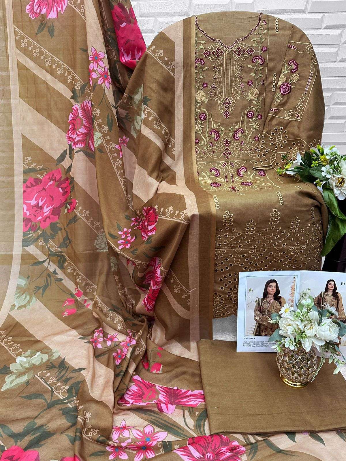 FLORENT TM DESIGN NO - 1049 ABCD CAMBRIC COTTON HEAVY CHIKANKARI EMBROIDERED WORK PAKISTANI SALWAR SUIT