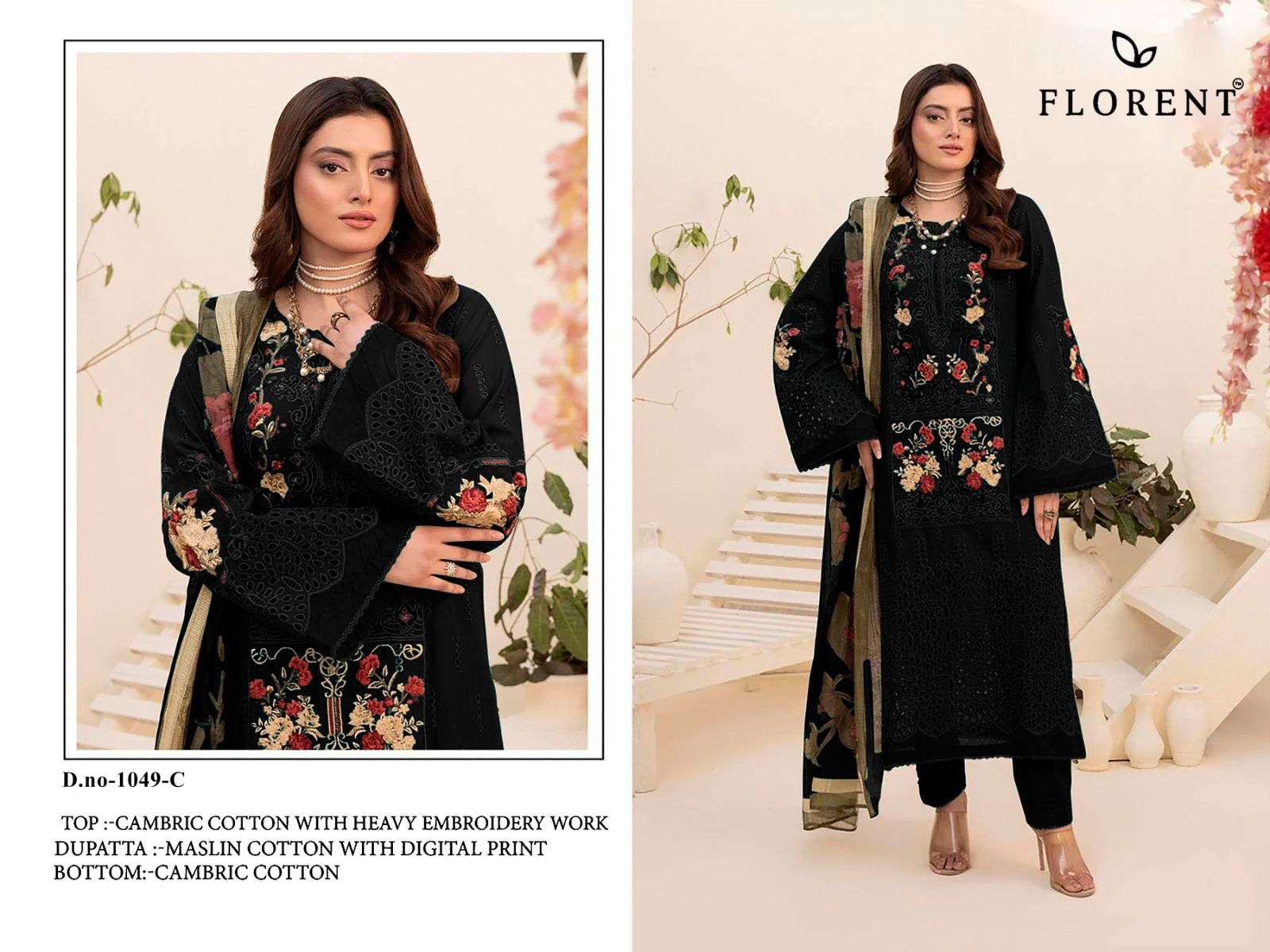 FLORENT TM DESIGN NO - 1049 ABCD CAMBRIC COTTON HEAVY CHIKANKARI EMBROIDERED WORK PAKISTANI SALWAR SUIT