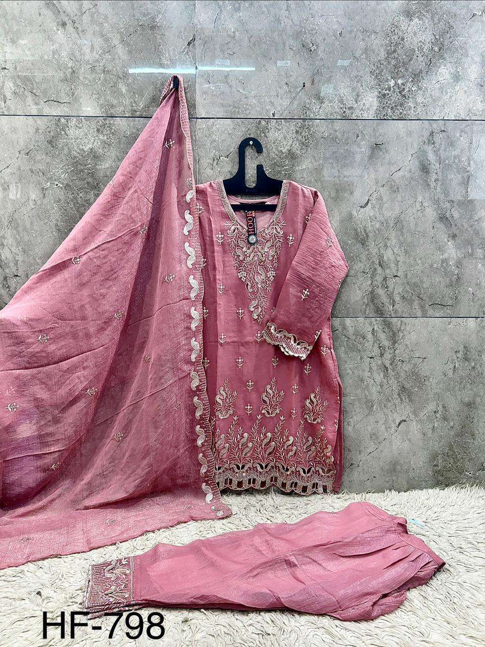 HOOR TEX HF 798 SILK BEAUTIFUL EMBROIDERY DESIGNER WORK READY MADE SUIT