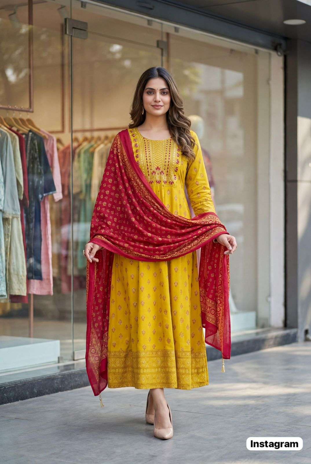 INLI INSTAGRAM RAYON EMBROIDERY WORK LADIES GOWN WITH DUPATTA SET 