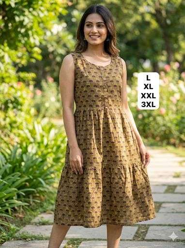 INLI MIDI COTTON PRINTED SUMMER WEAR LADIES SLEEVELESS KURTI 