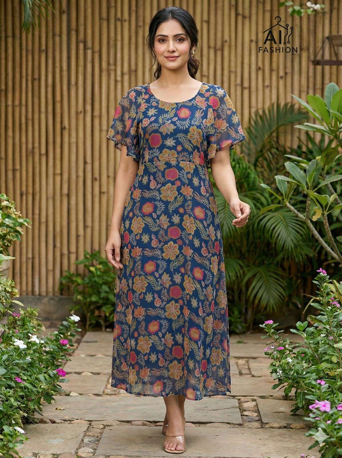 INLI TROPICAL GEORGETTE PRINT FANCY SUMMER WEAR LADIES ONE PIECE GOWN DRESS 