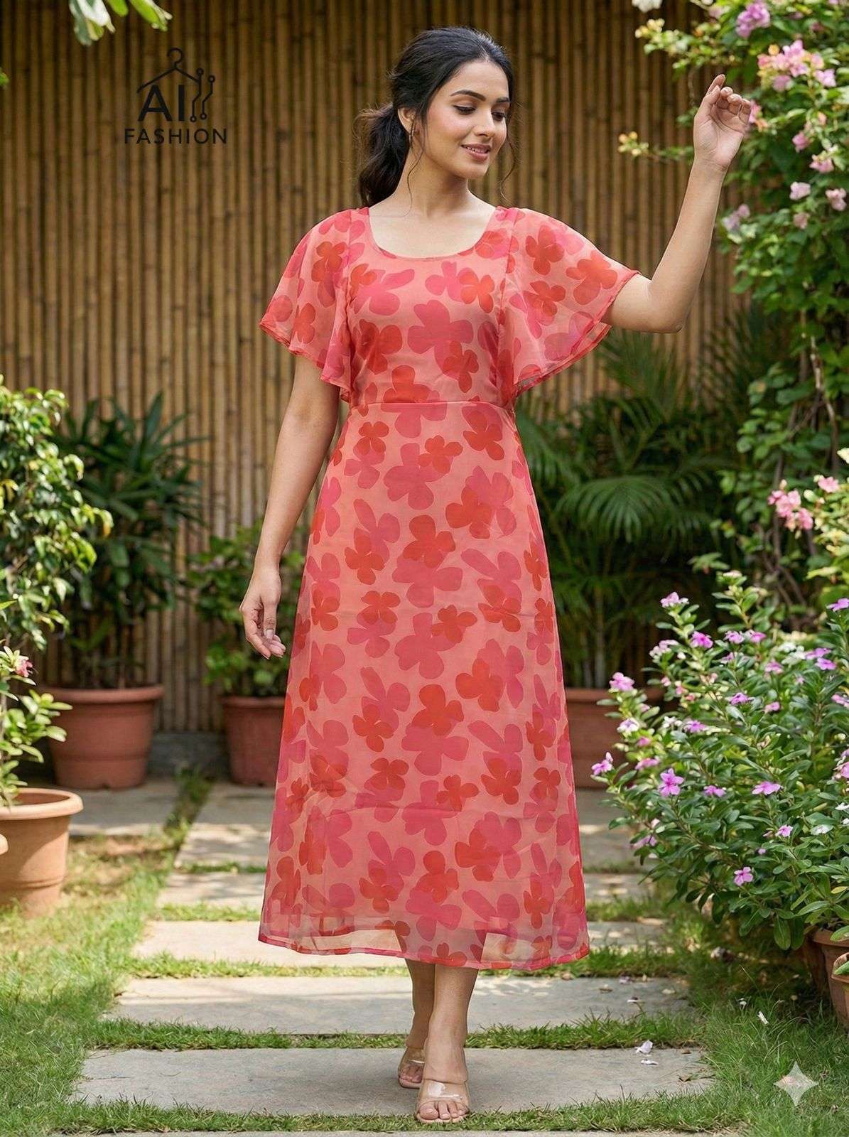 INLI TROPICAL GEORGETTE PRINT FANCY SUMMER WEAR LADIES ONE PIECE GOWN DRESS 