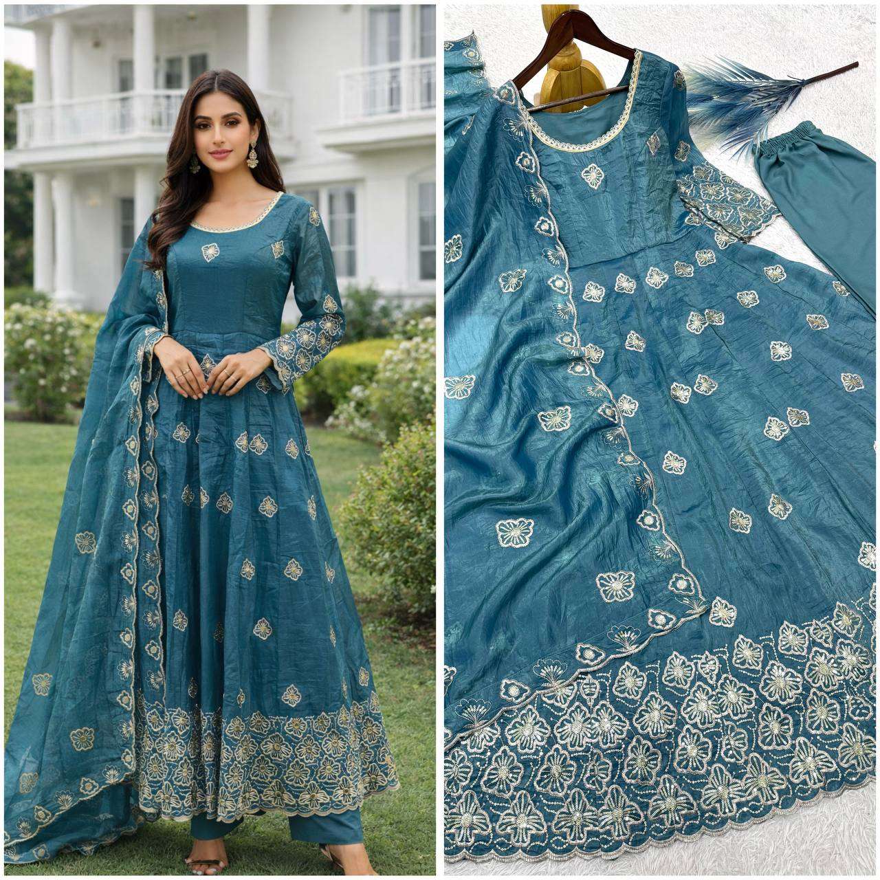 JD 642 SILK EMBROIDERY DESIGNER WORK ANARKALI GOWN 3PCS SET COLLECTION 