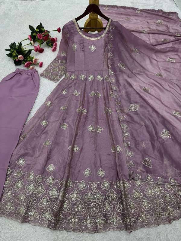 JD 642 SILK EMBROIDERY DESIGNER WORK ANARKALI GOWN 3PCS SET COLLECTION 
