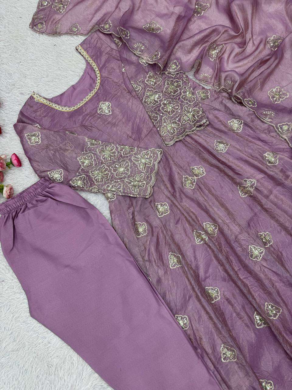 JD 642 SILK EMBROIDERY DESIGNER WORK ANARKALI GOWN 3PCS SET COLLECTION 