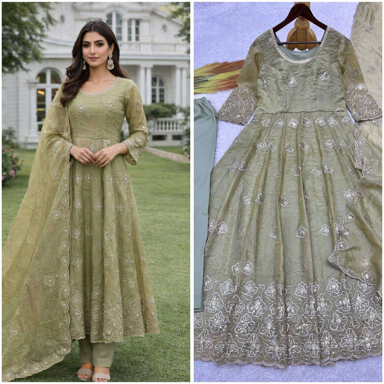 JD 642 SILK EMBROIDERY DESIGNER WORK ANARKALI GOWN 3PCS SET COLLECTION 