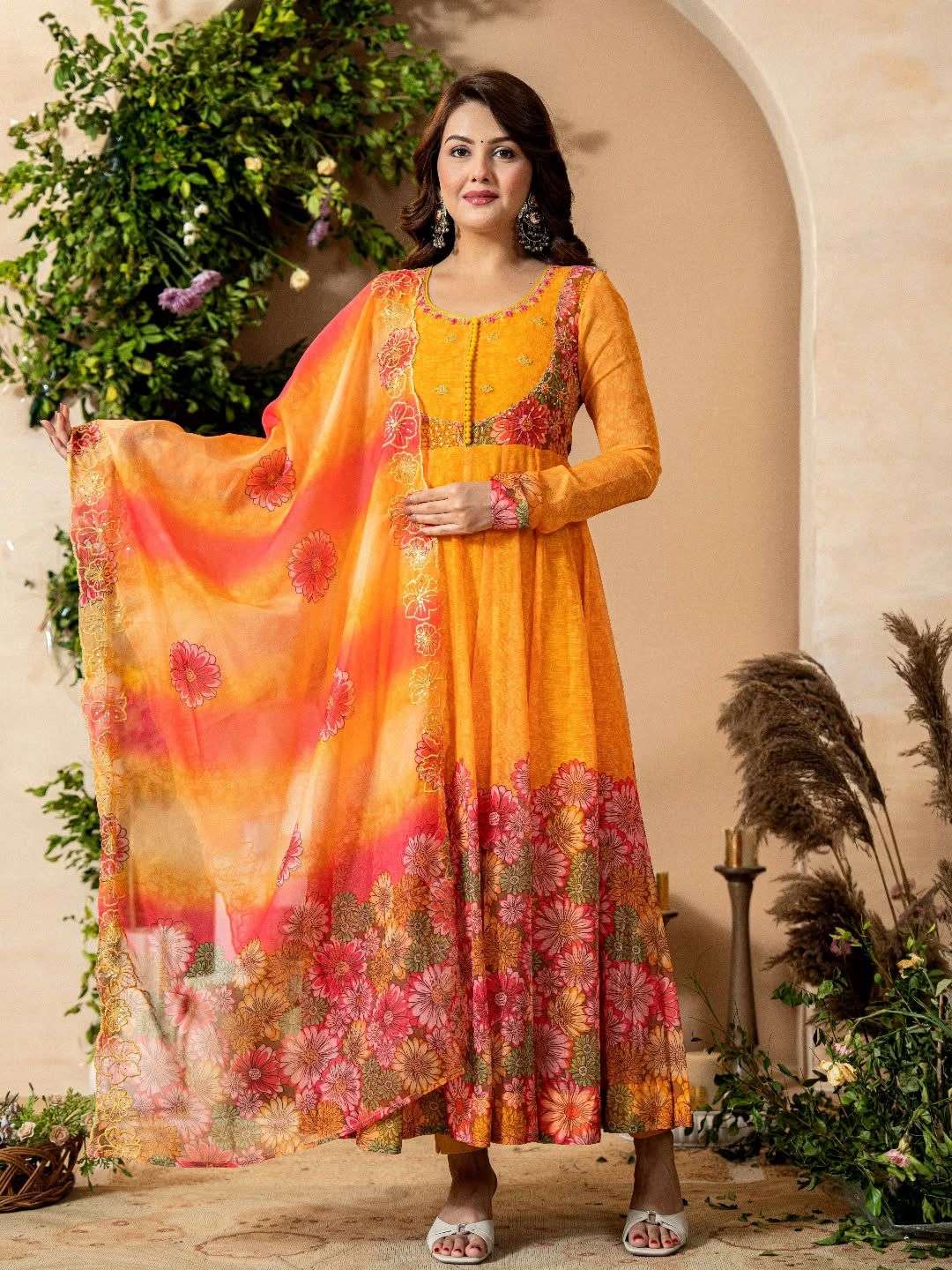 JF 030 ORGANZA DIGITAL PRINT WITH FANCY WORK LADIES SUITS AT GOWN BOTTOM AND DUPATTA SET 