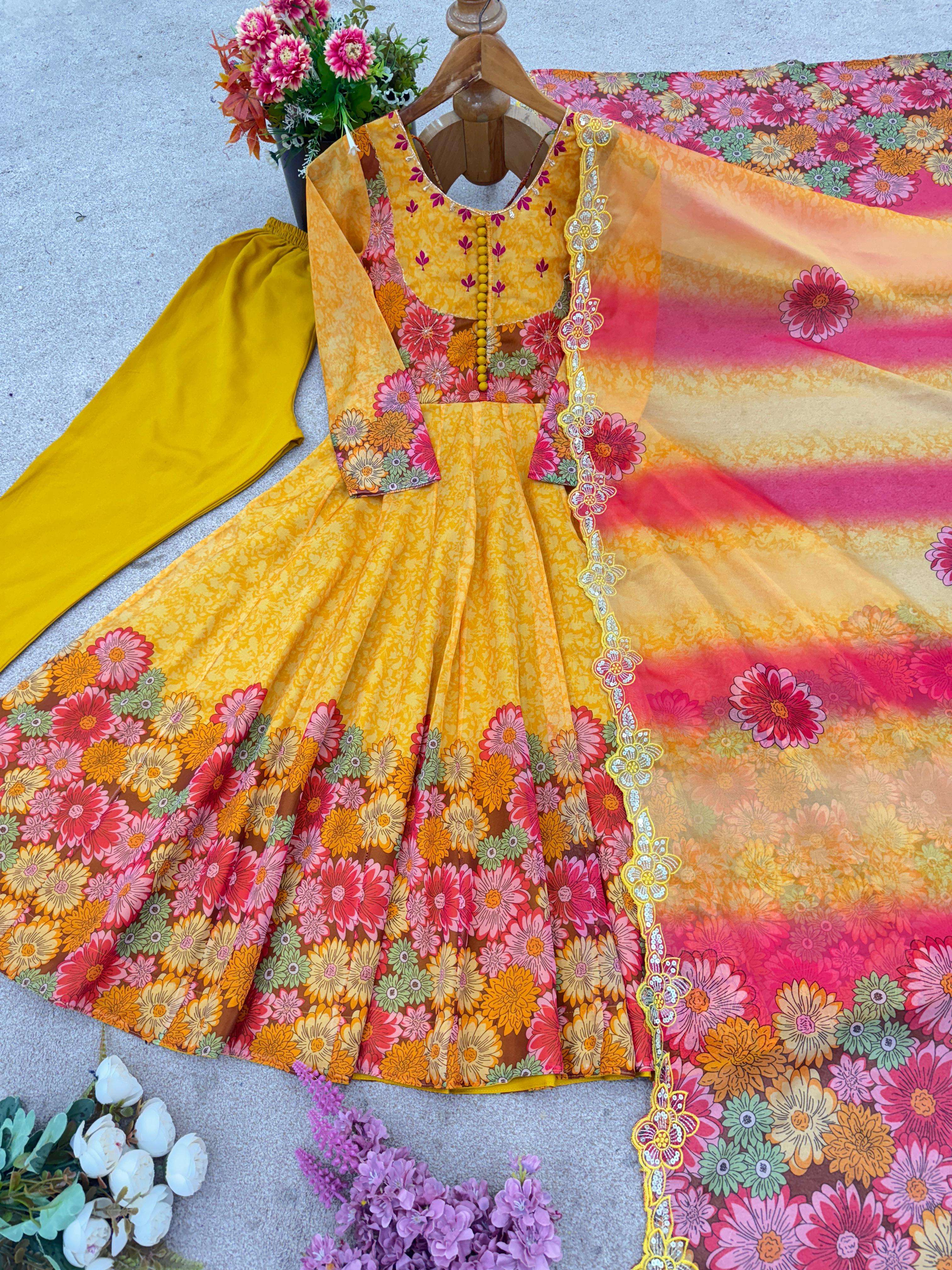 JF 030 ORGANZA DIGITAL PRINT WITH FANCY WORK LADIES SUITS AT GOWN BOTTOM AND DUPATTA SET 