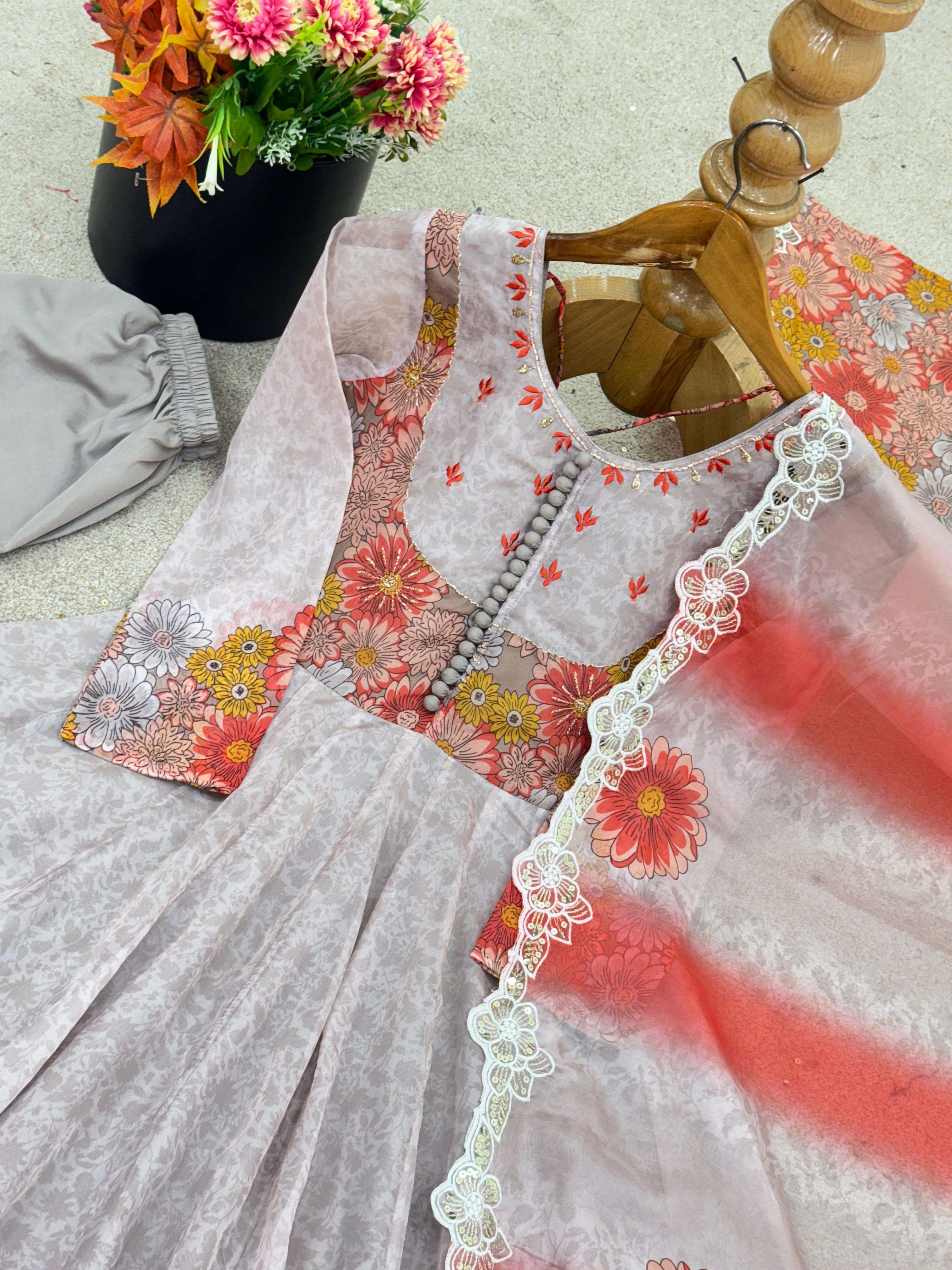 JF 030 ORGANZA DIGITAL PRINT WITH FANCY WORK LADIES SUITS AT GOWN BOTTOM AND DUPATTA SET 