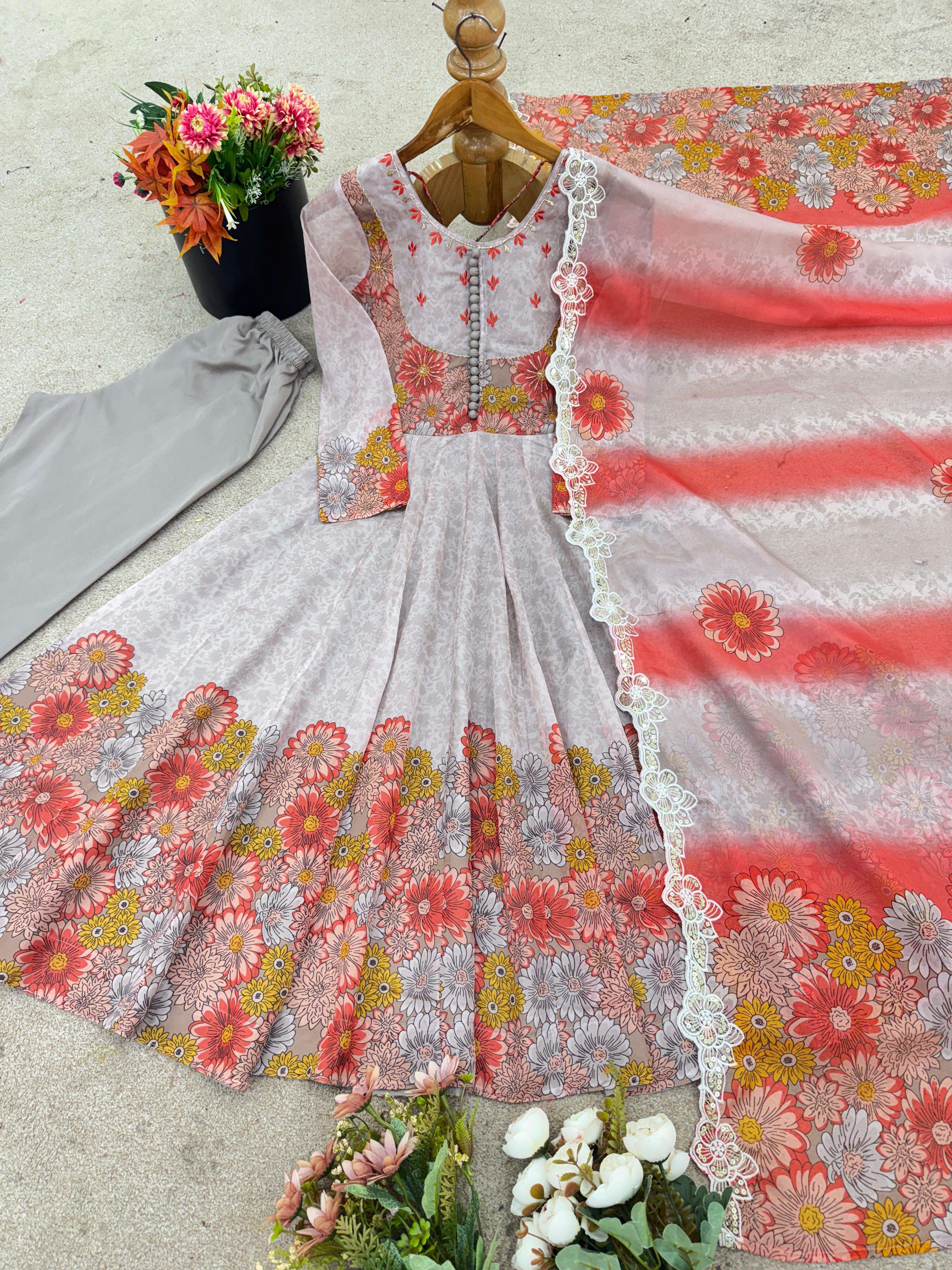 JF 030 ORGANZA DIGITAL PRINT WITH FANCY WORK LADIES SUITS AT GOWN BOTTOM AND DUPATTA SET 