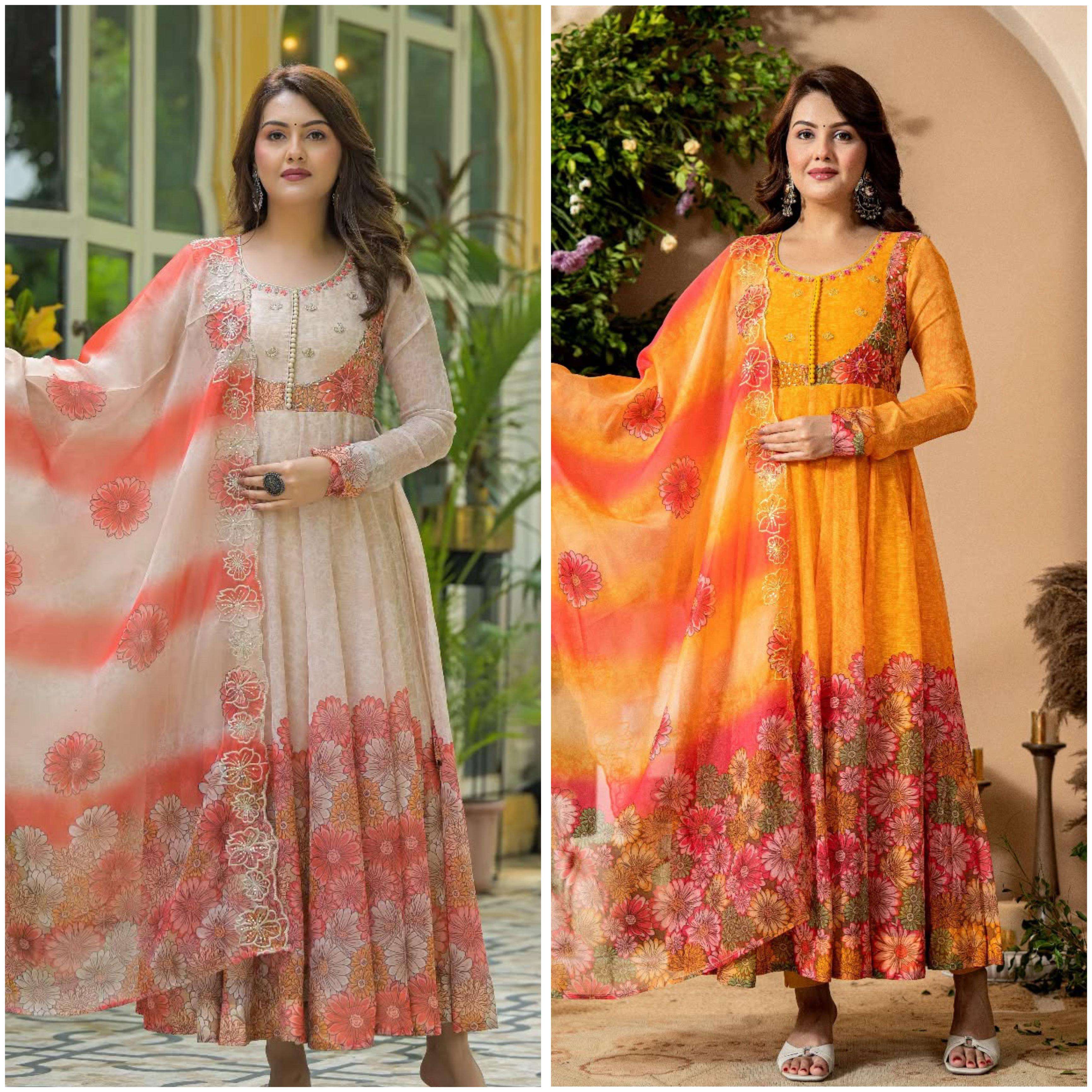 JF 030 ORGANZA DIGITAL PRINT WITH FANCY WORK LADIES SUITS AT GOWN BOTTOM AND DUPATTA SET 