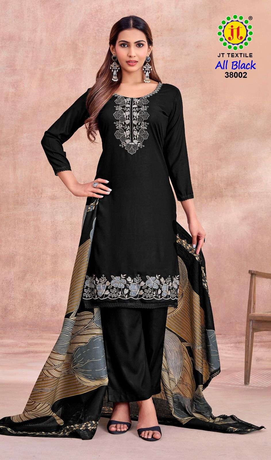 JT ALL BLACK VOL 38 RAYON FANCY WORKS LADIES SALWAR SUIT