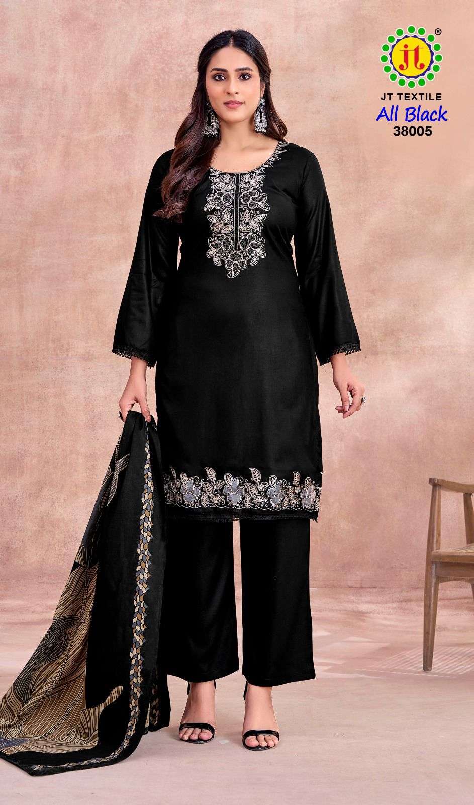 JT ALL BLACK VOL 38 RAYON FANCY WORKS LADIES SALWAR SUIT
