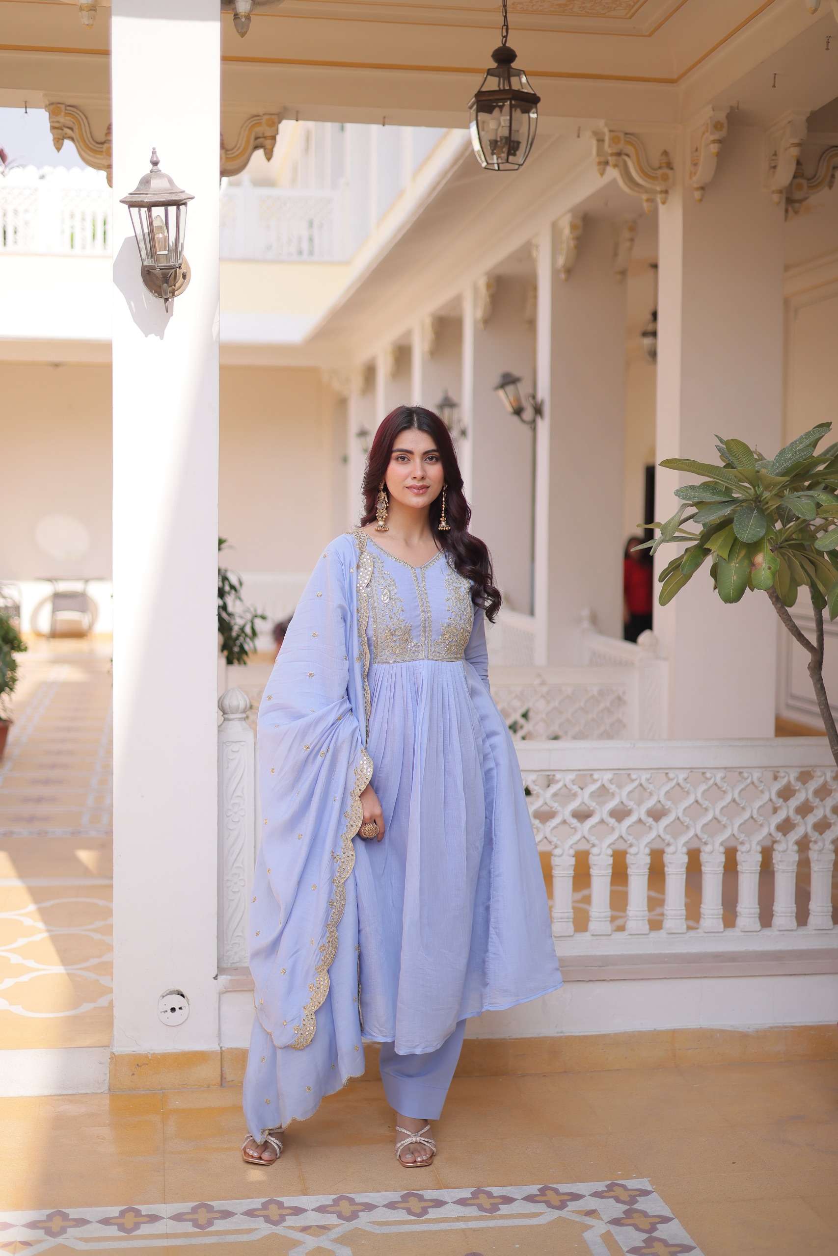 KA 1241 CHANDERI SILK SEQUENCE EMBROIDERY WORK GOWN BOTTOM AND DUPATTA SET 