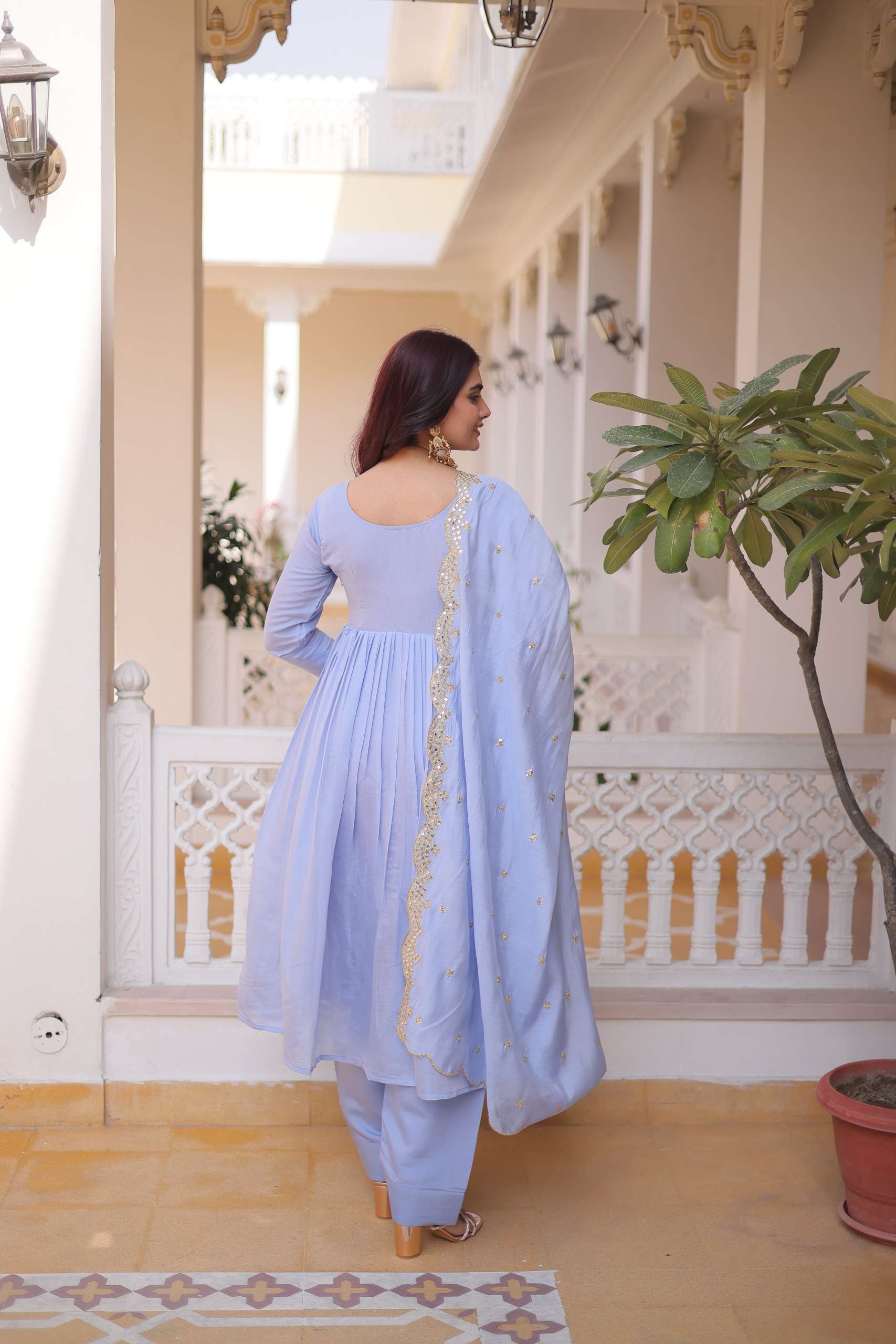 KA 1241 CHANDERI SILK SEQUENCE EMBROIDERY WORK GOWN BOTTOM AND DUPATTA SET 
